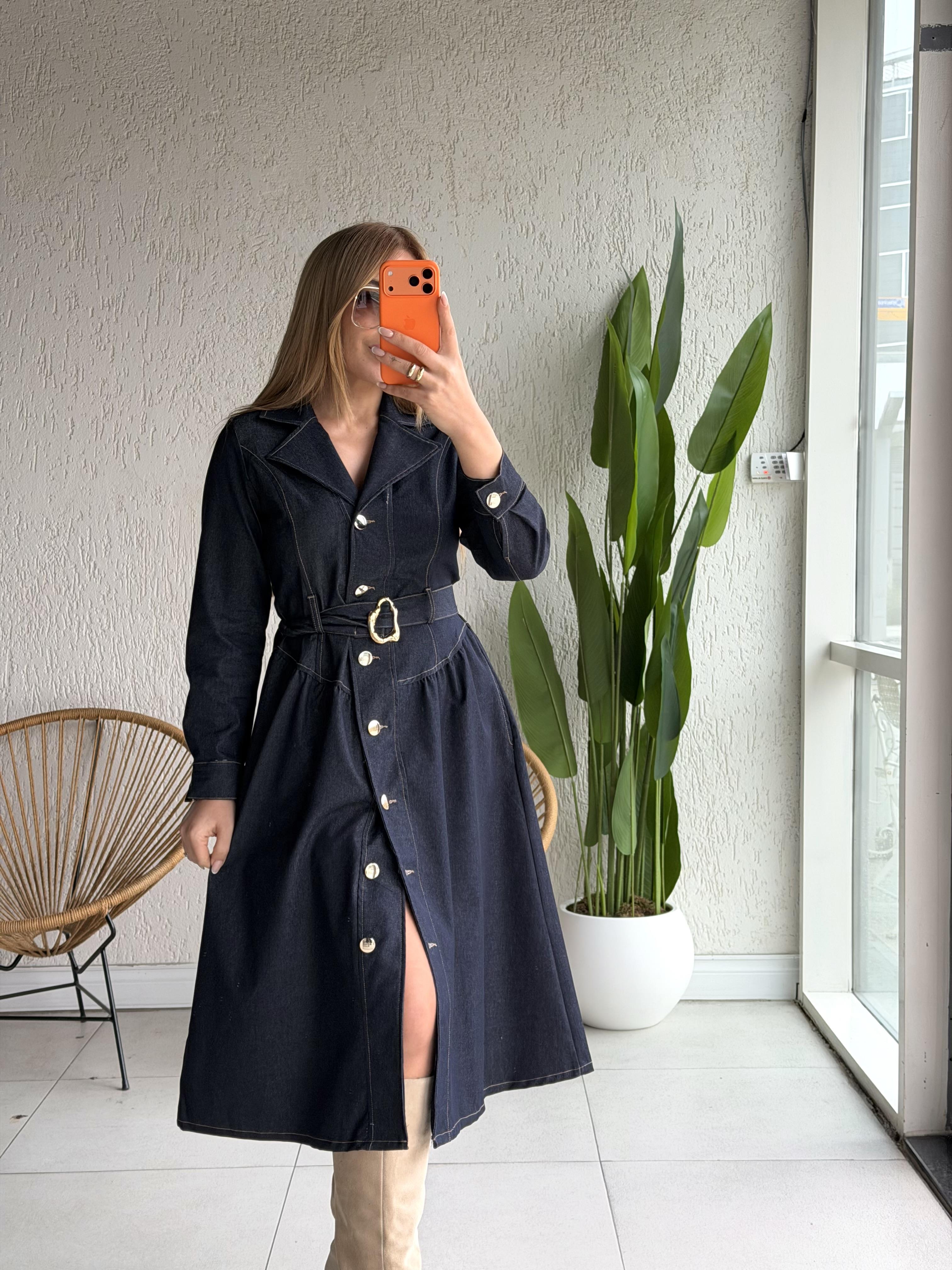Lacivert Jean Gold Kemerli Elbise 