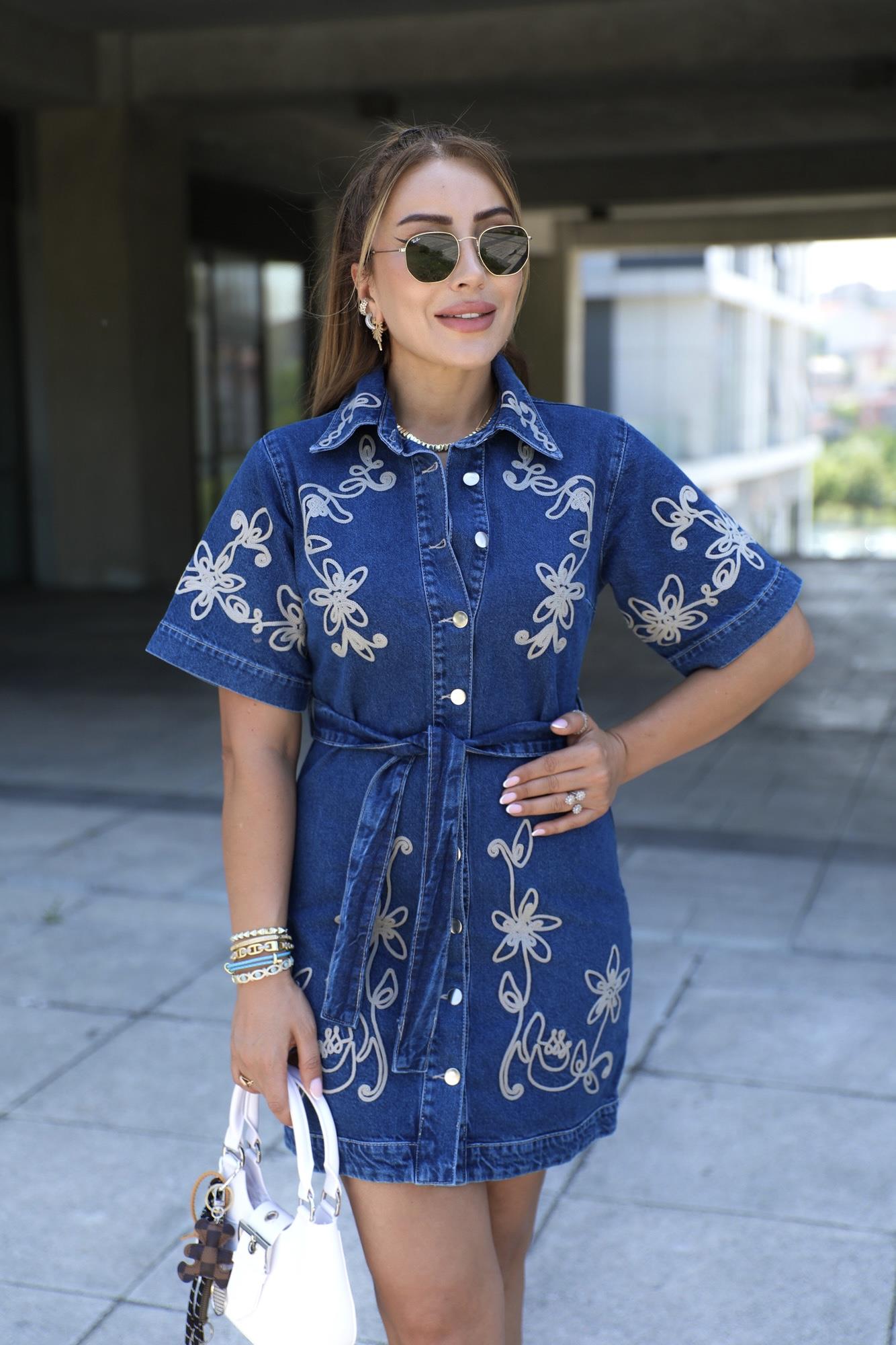 Lacivert Nakışlı Jean Elbise