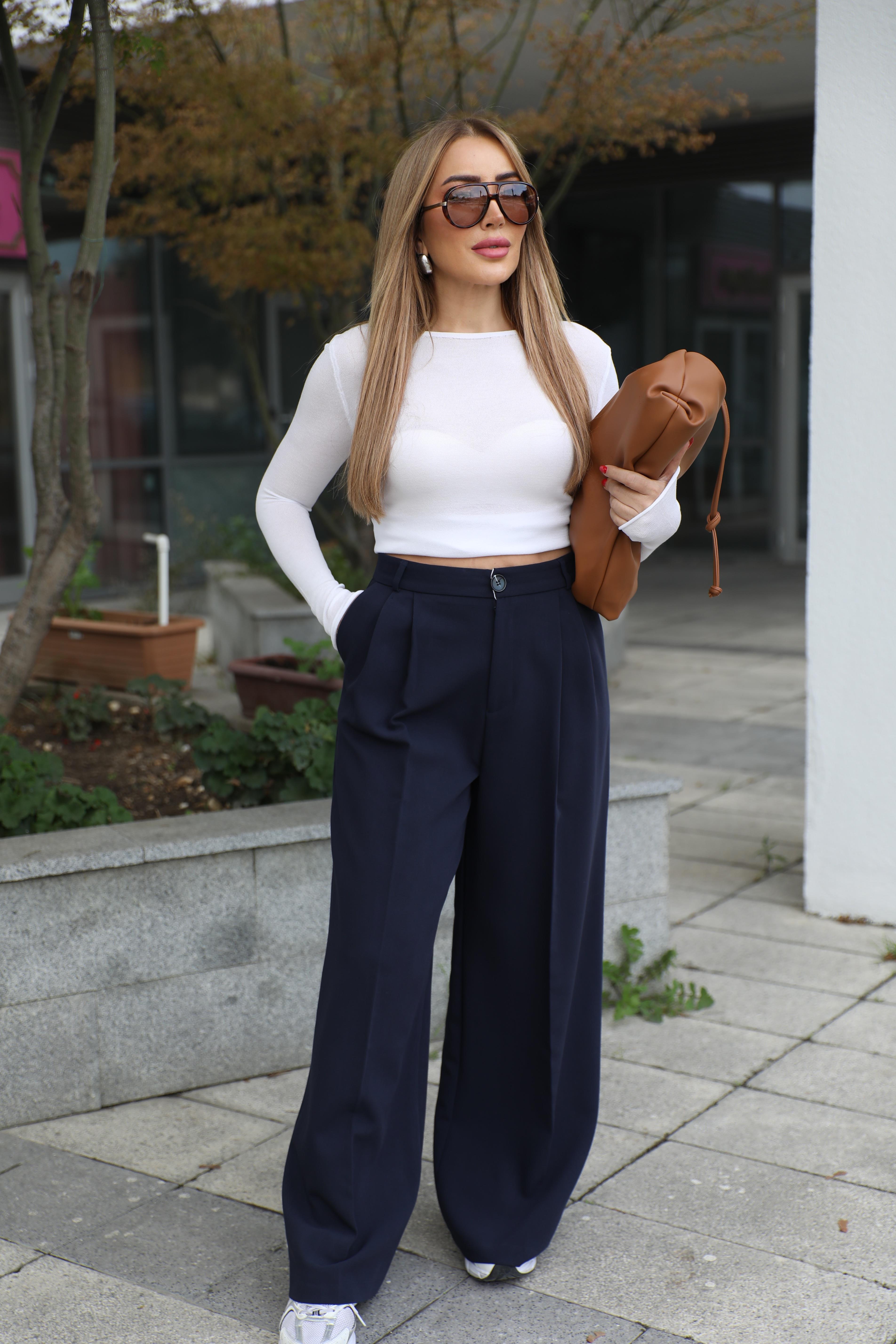 Lacivert Pileli Palazzo Pantolon 