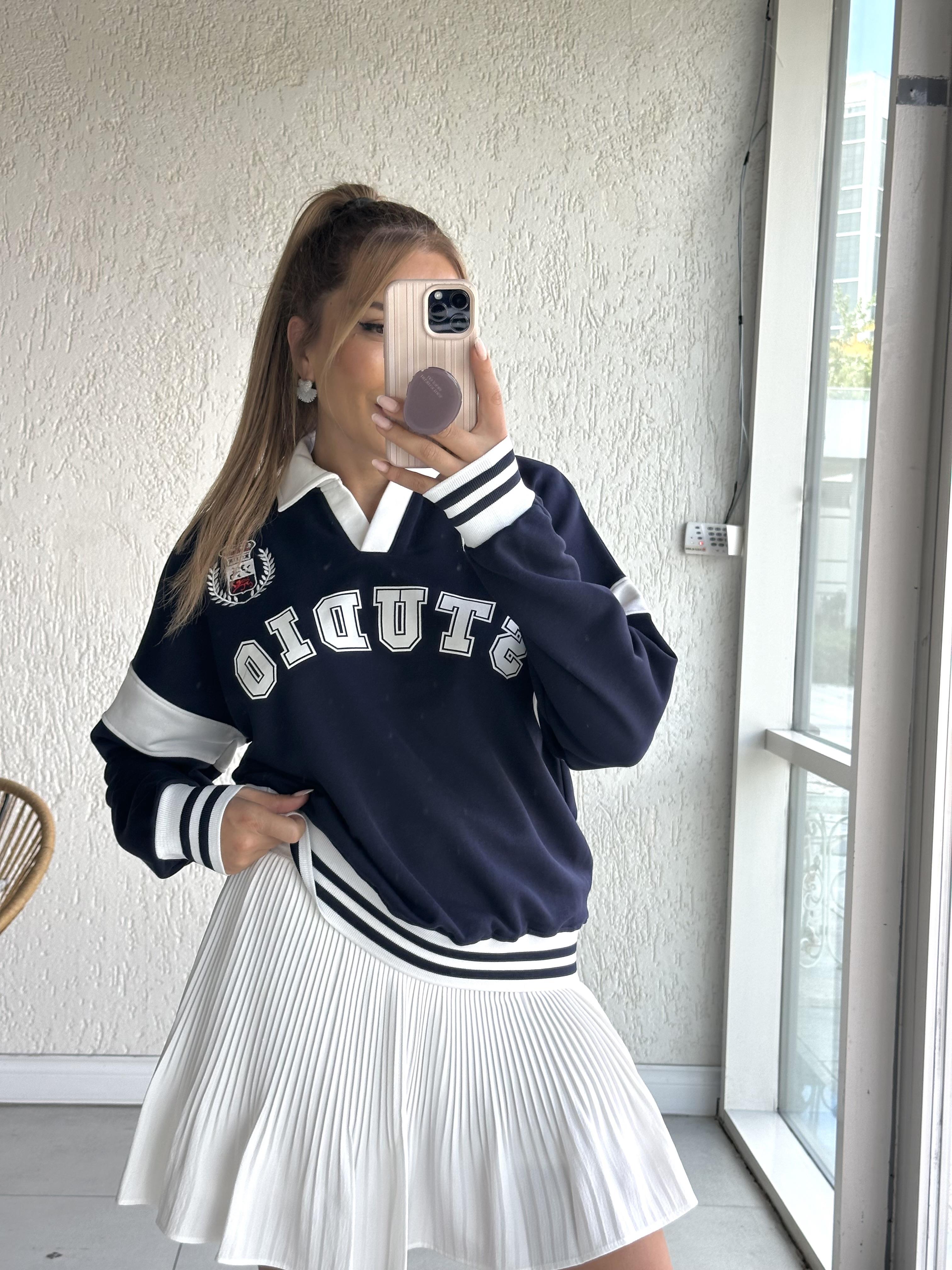 Lacivert Polo Yaka Studio Sweat