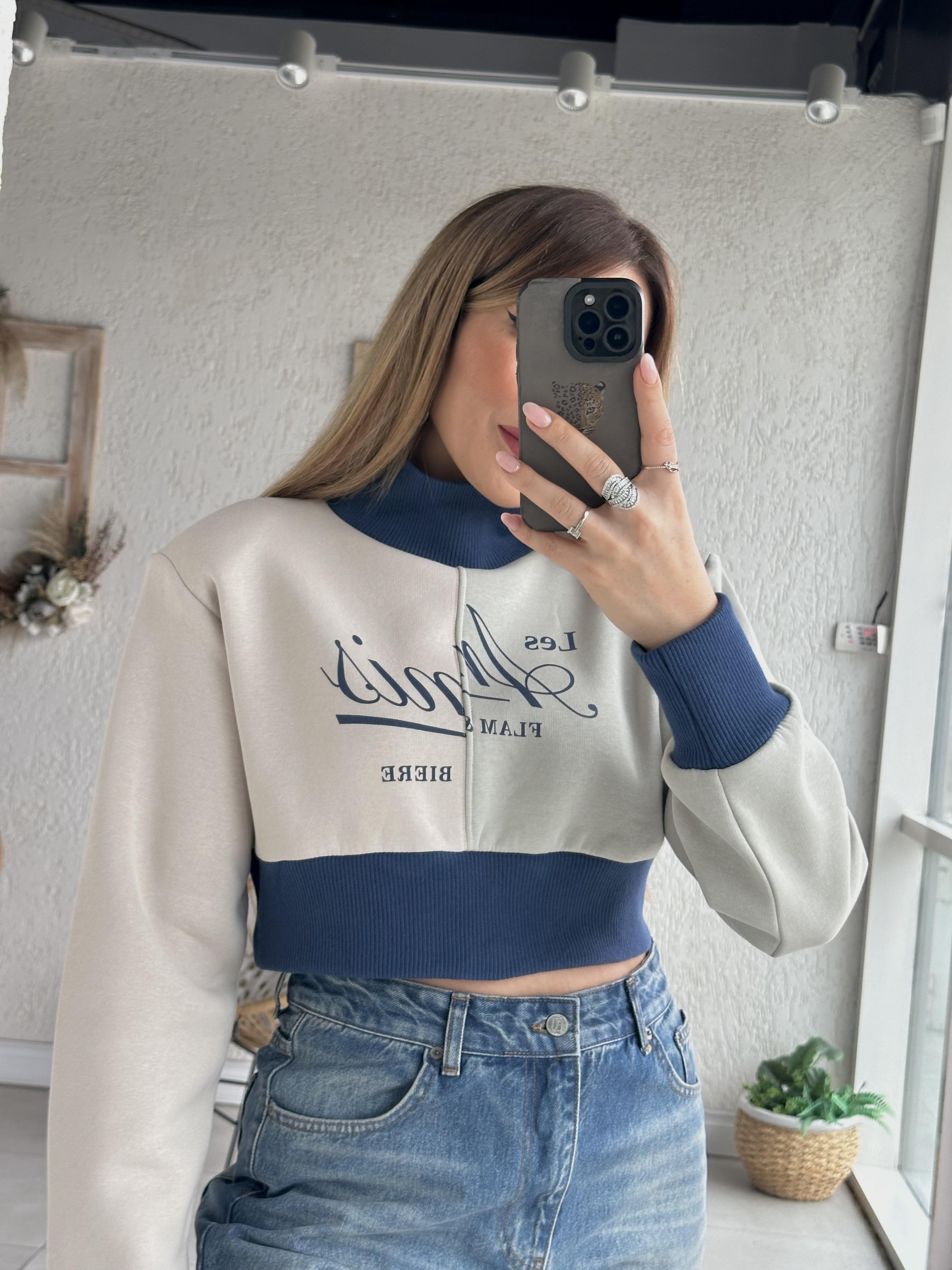 Lacivert Ribana Detaylı Vatkalı Sweat