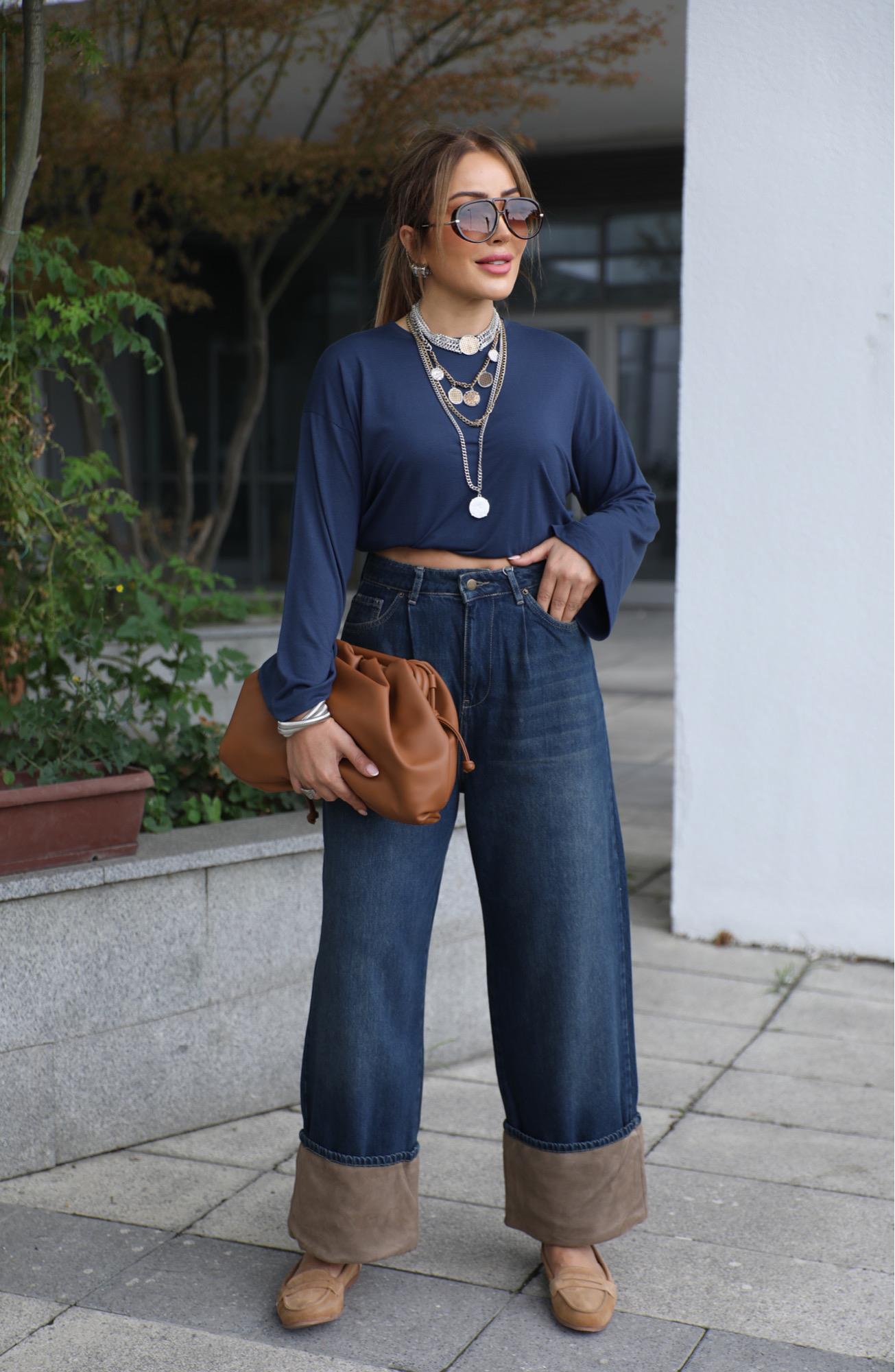 Lacivert Süet Detaylı Bol Denim