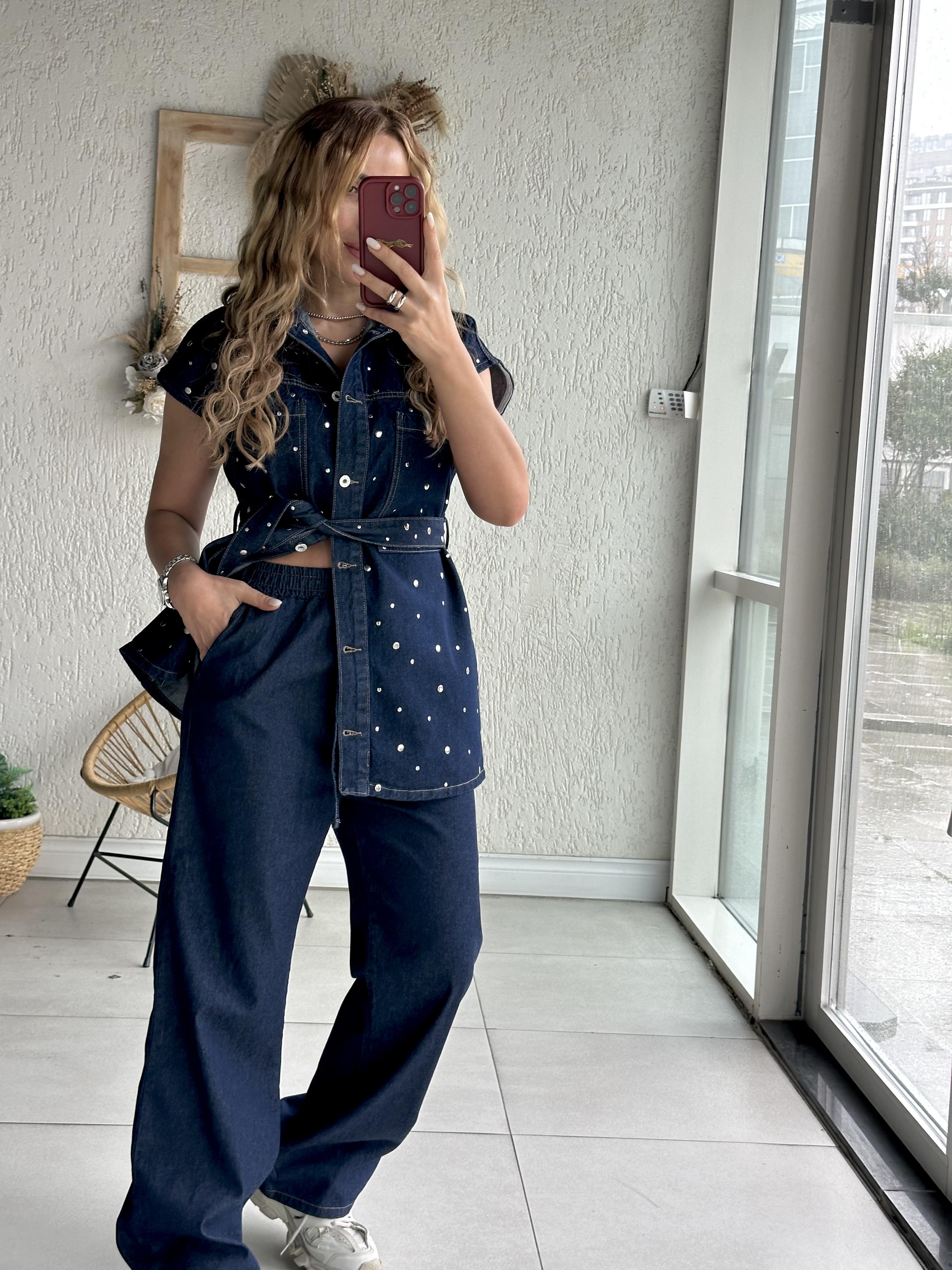 Lacivert Taş Detaylı Denim Takım