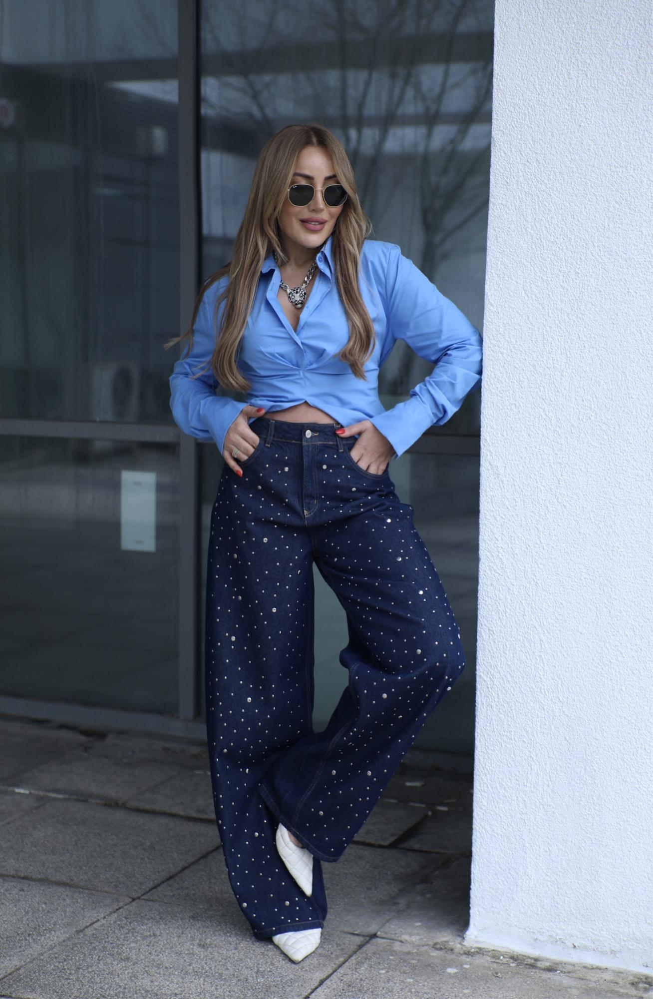 Lacivert Taşlı Balon Denim