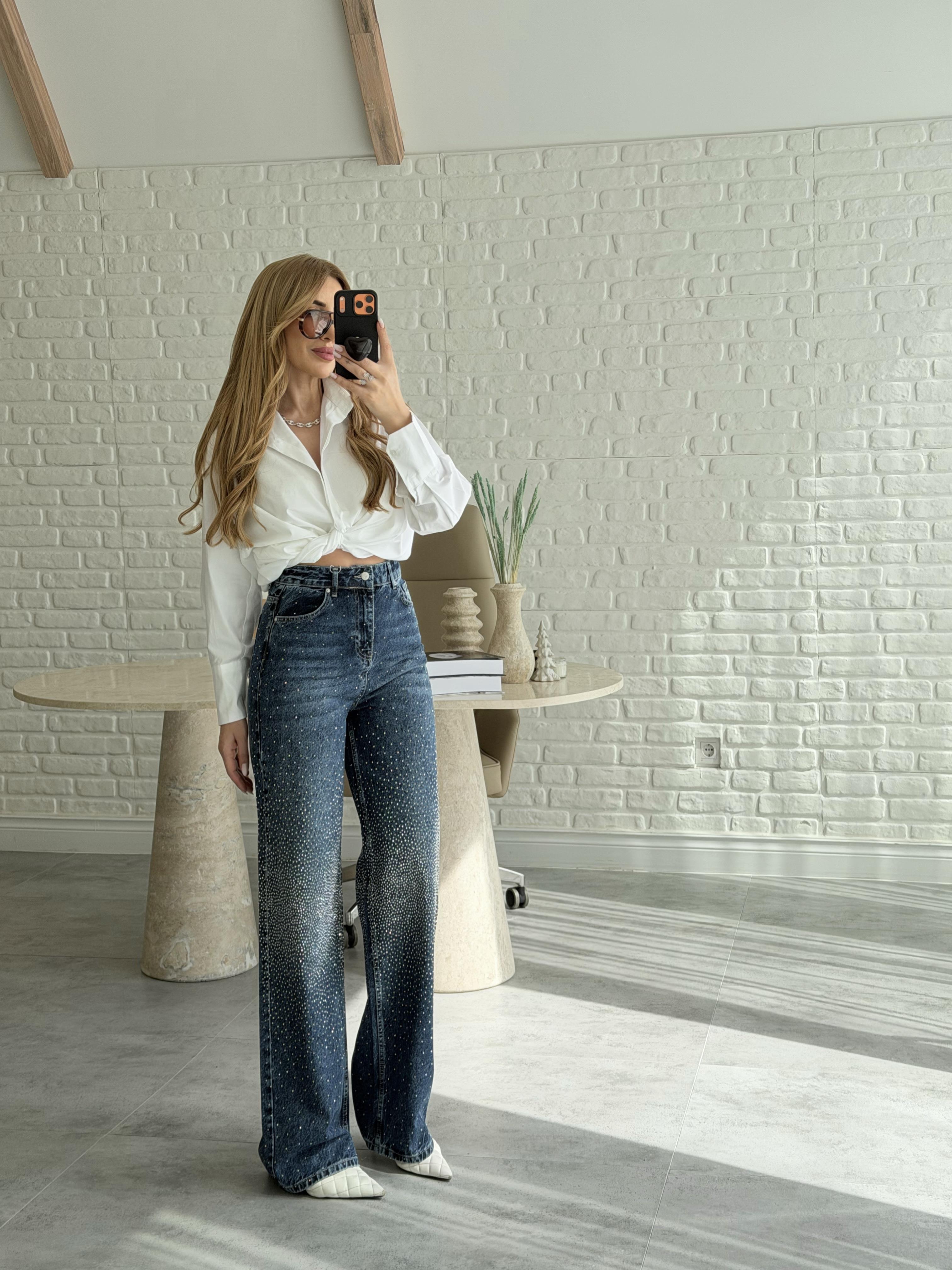 Lacivert Taşlı Bol Paça Denim