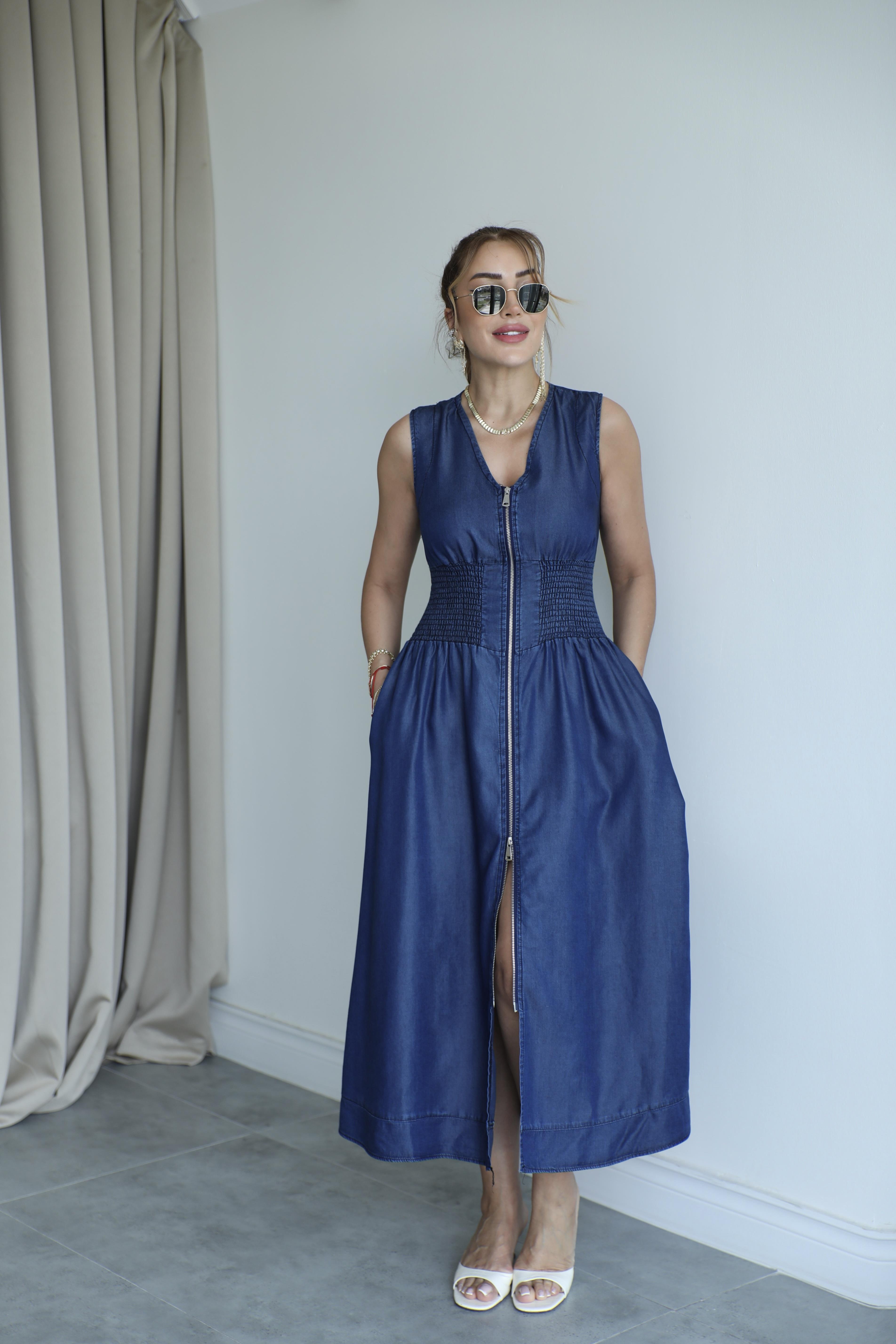 Lacivert Tensel Bel Gipeli Elbise