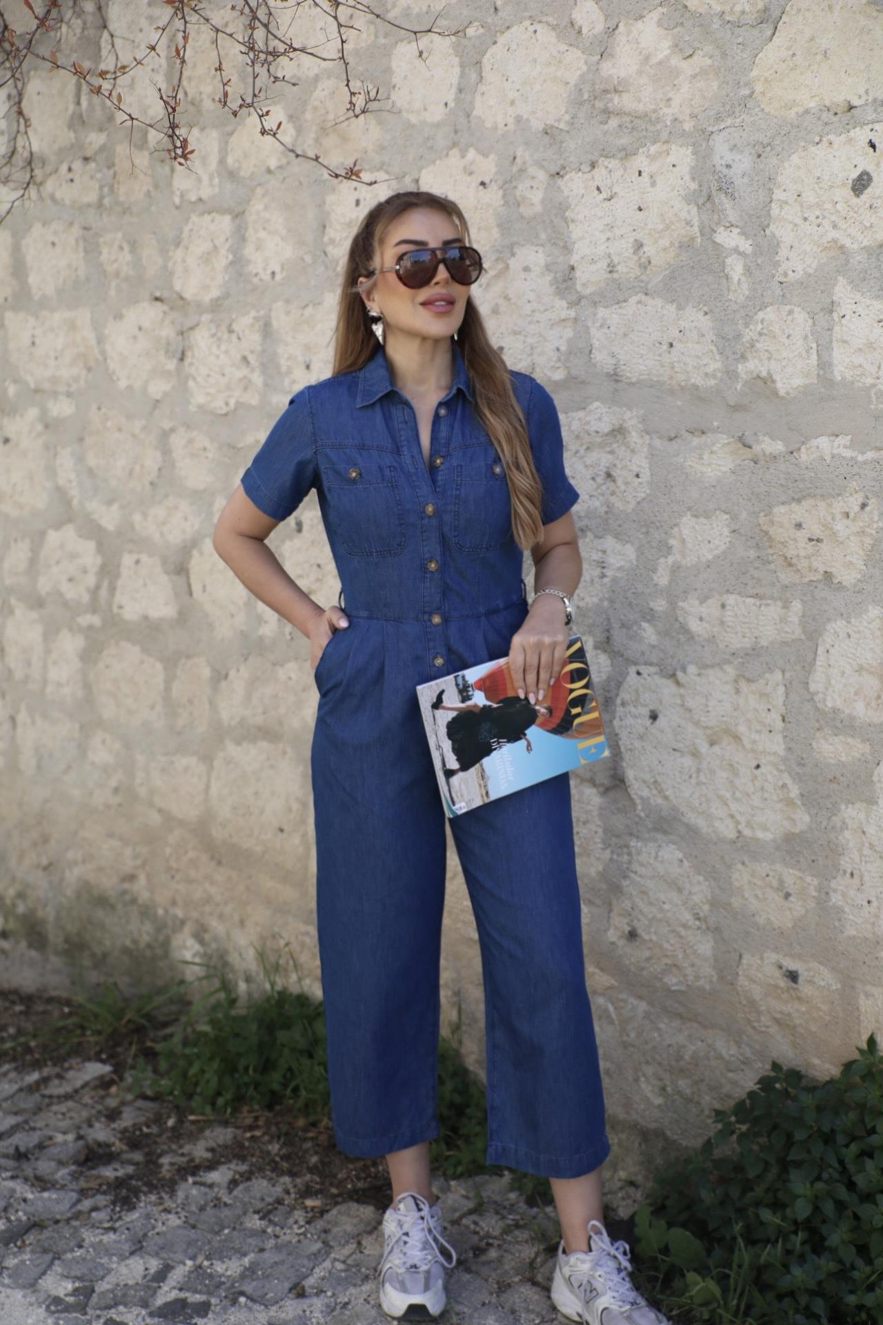 Lacivert Tensel Düğmeli Tulum