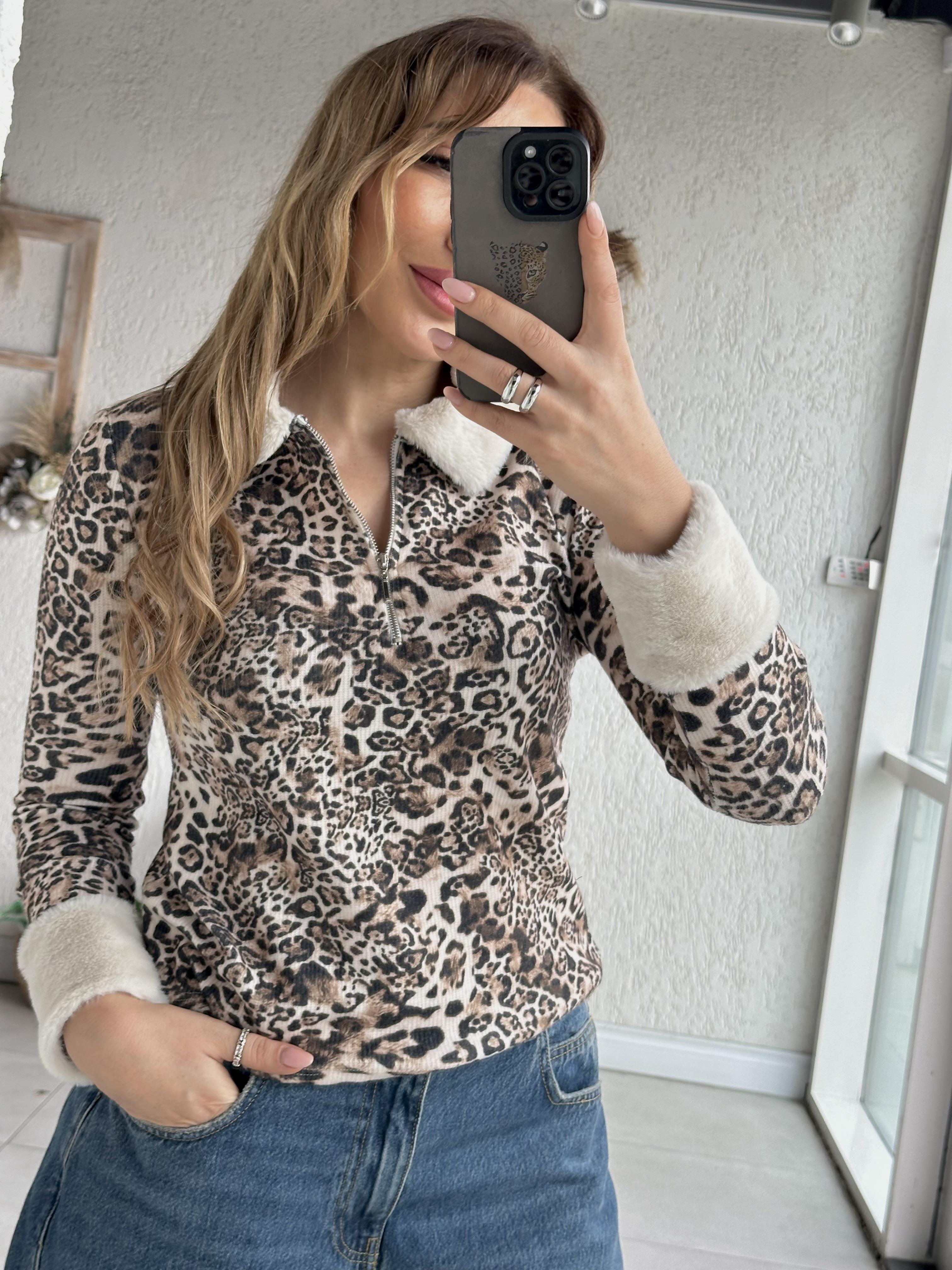Leopar Desen Kürk Detaylı Bluz