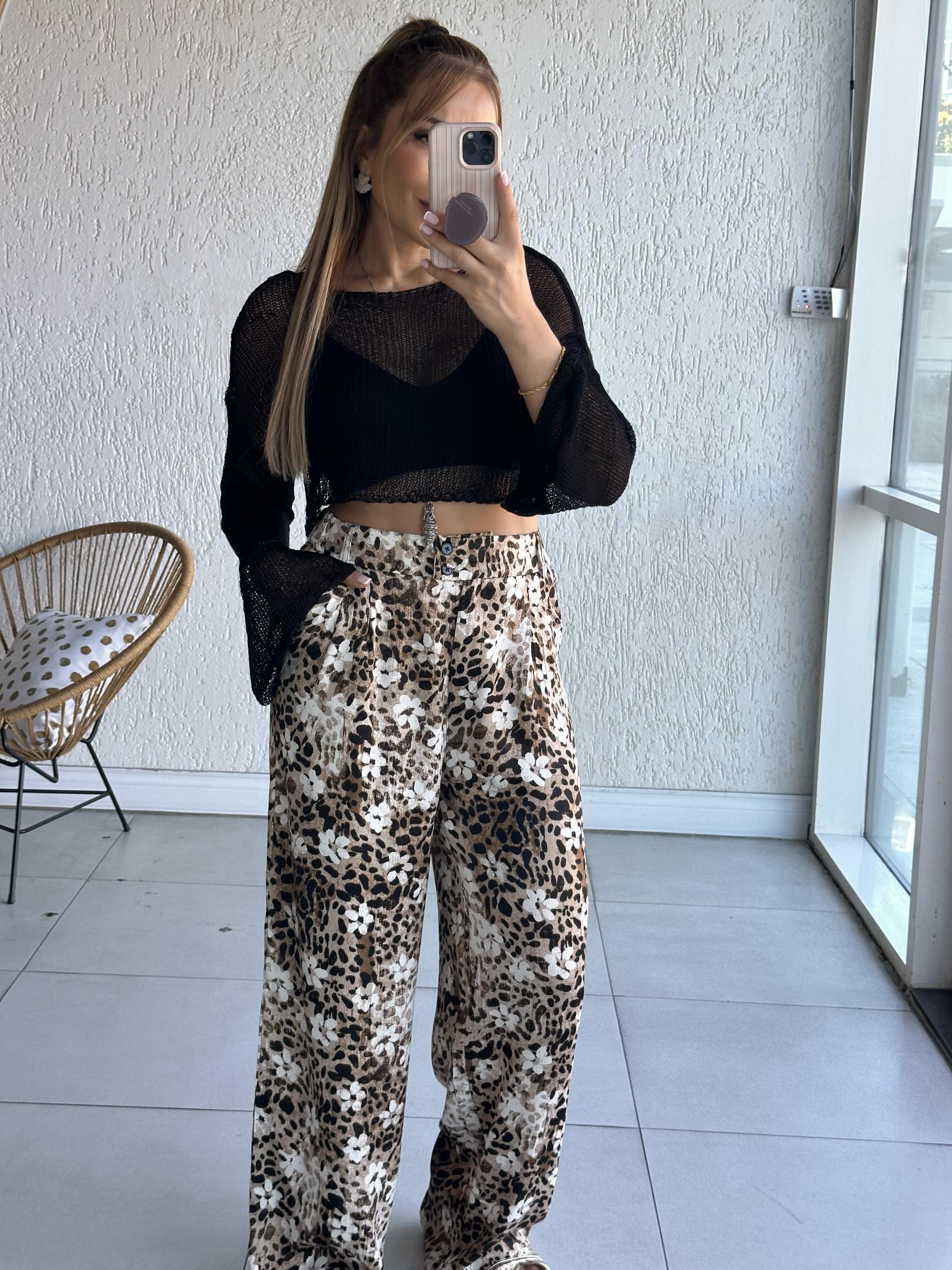 Leopar Desen Pileli Pantolon