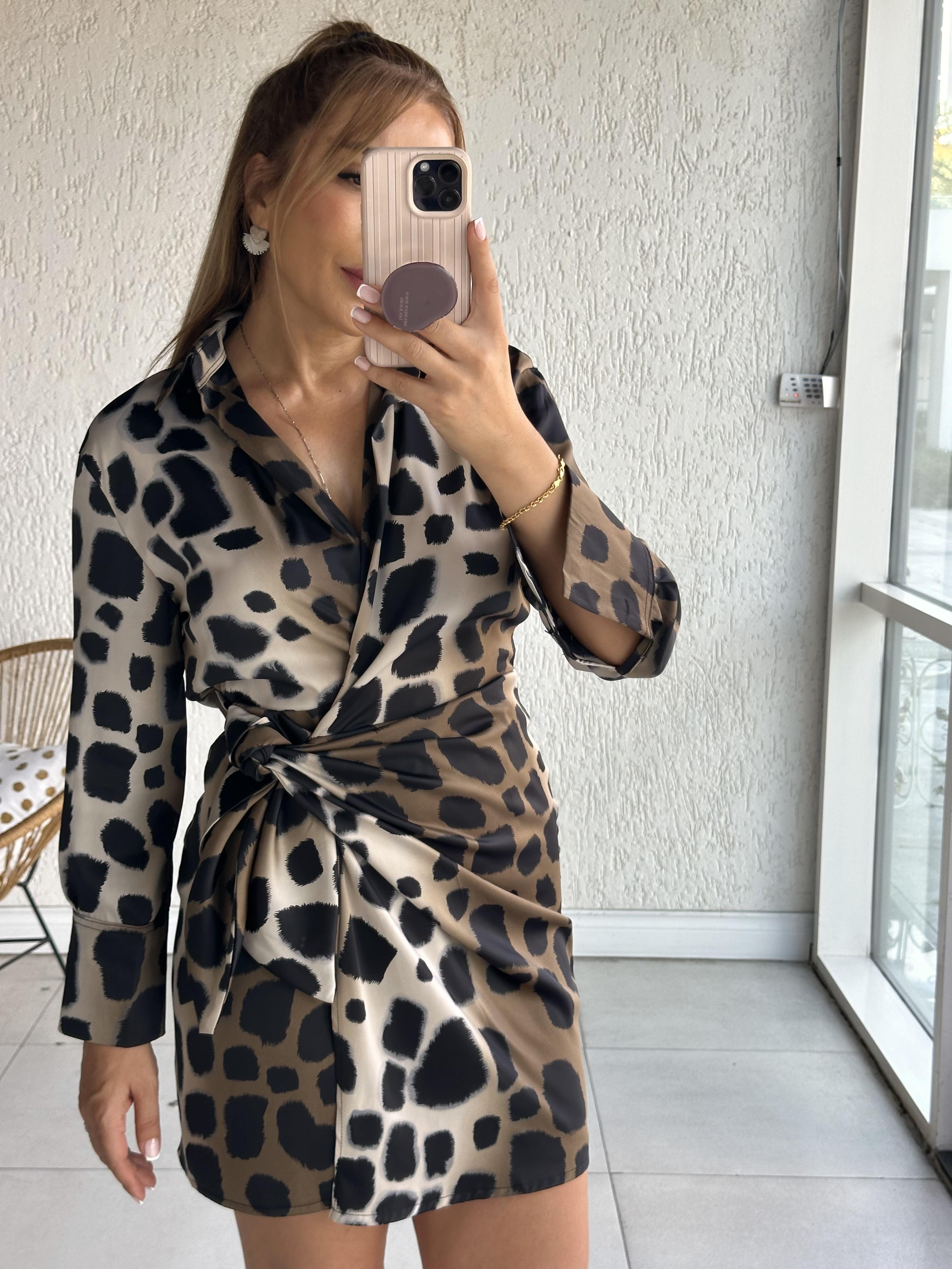 Leopar Desenli Kruvaze Bağlama Detay Elbise