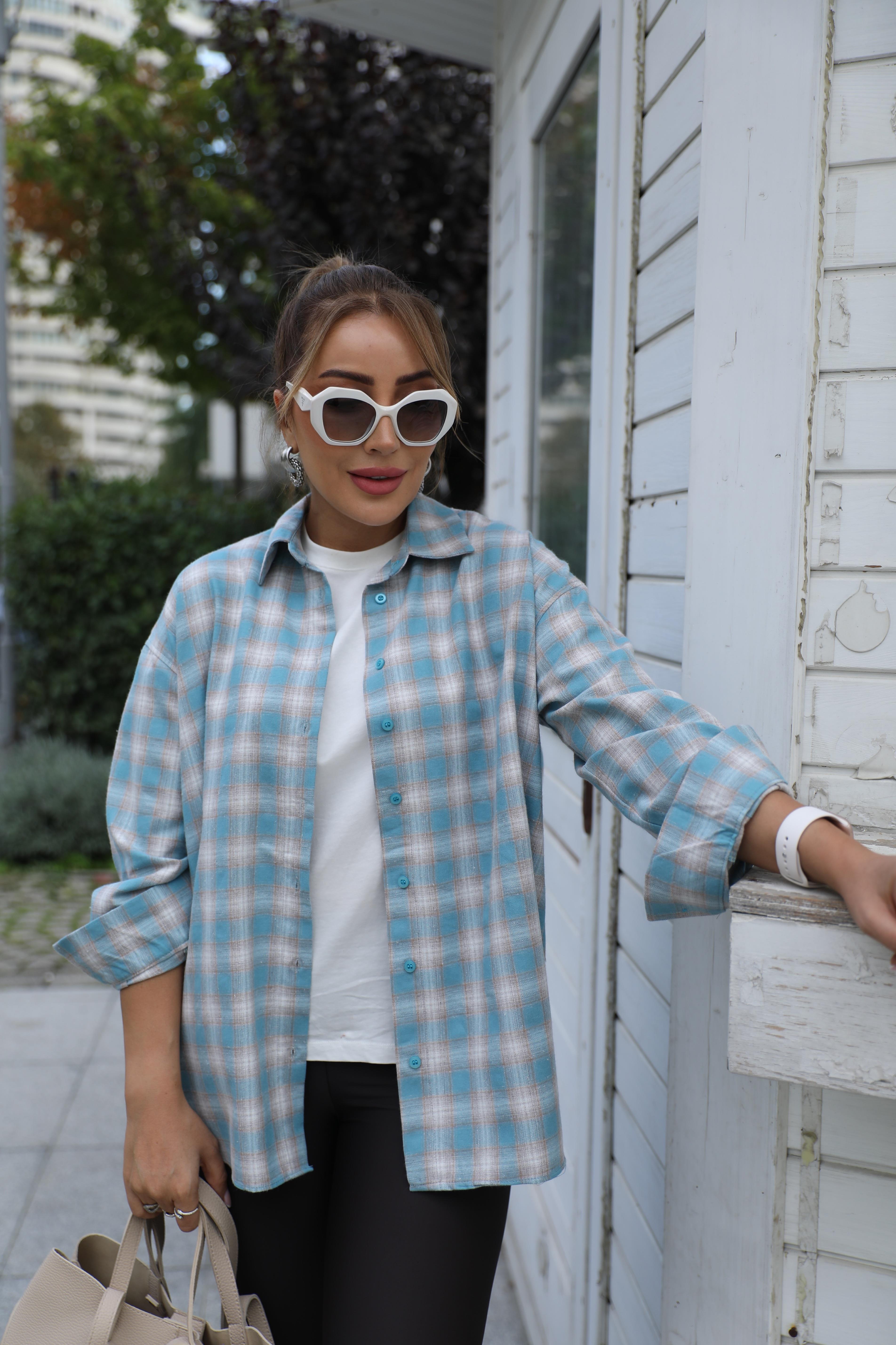 Mavi Bej Ekoseli Gömlek