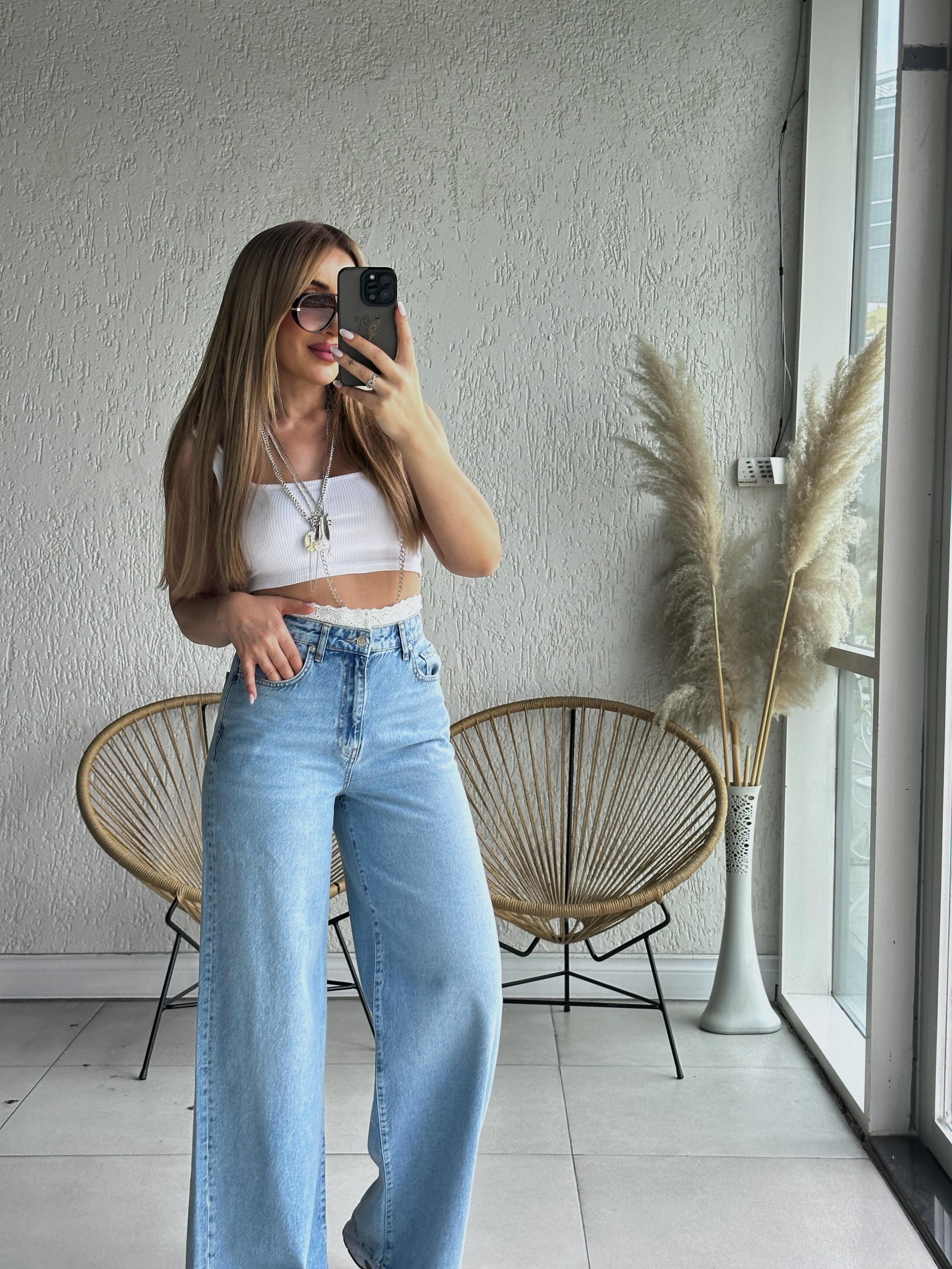 Mavi Bel Güpür Detay Jean