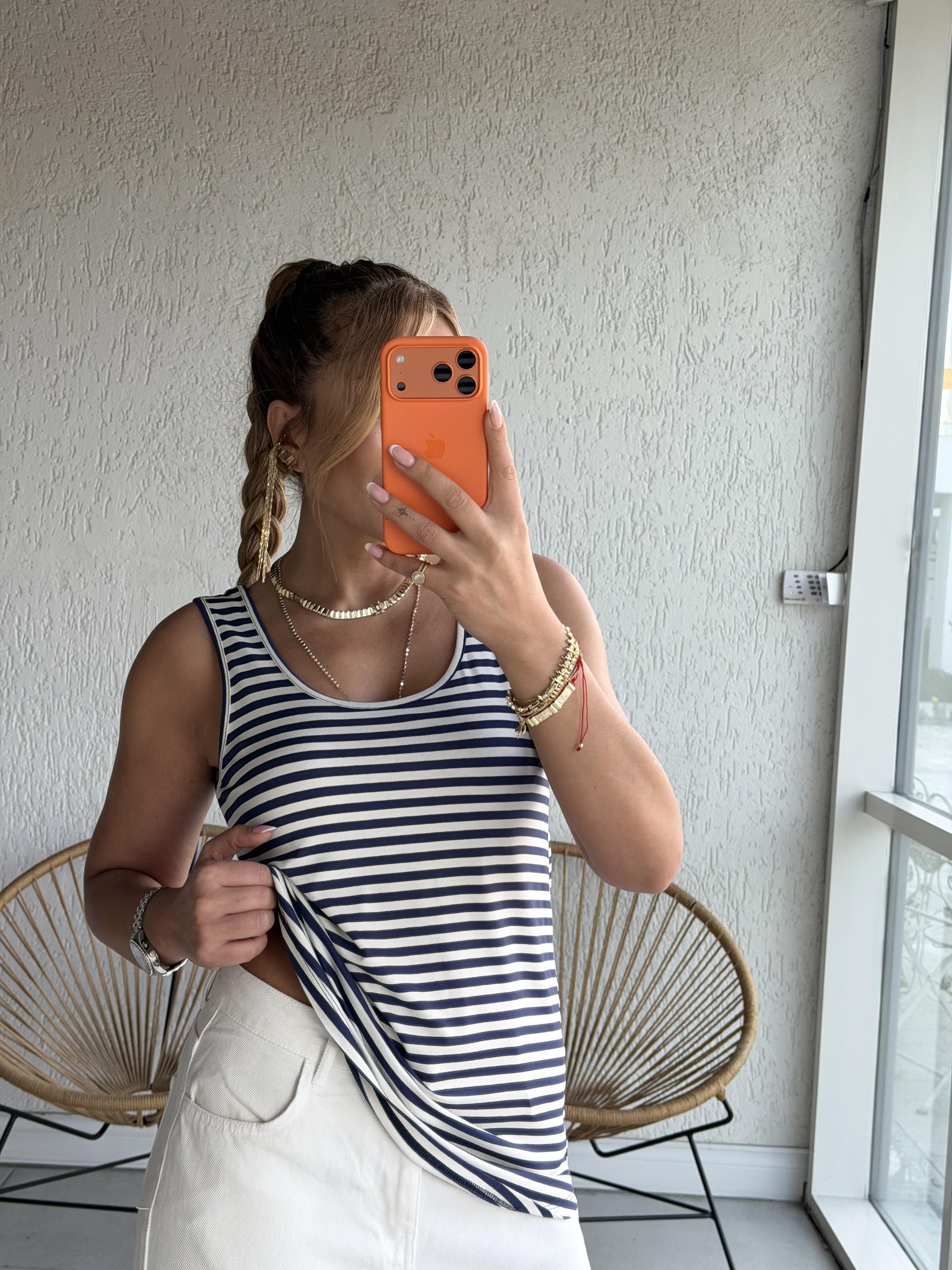 Mavi Beyaz Çizgili Kalın Askılı Atlet Bluz