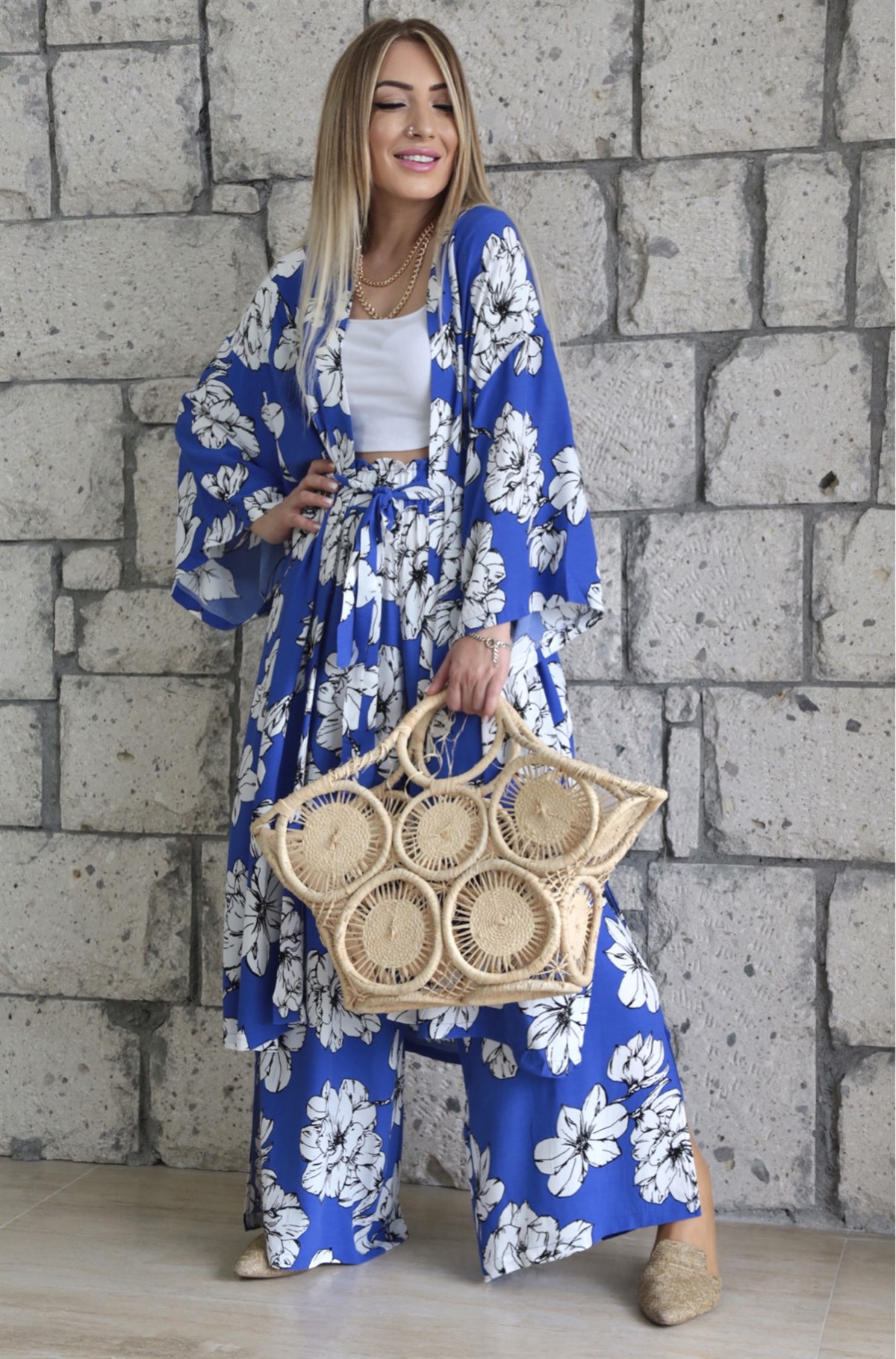 Mavi Çiçekli Kimono Takım