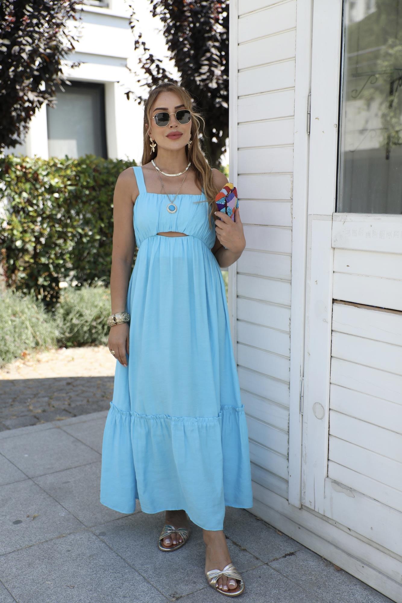 Mavi Dekolteli Askılı Elbise