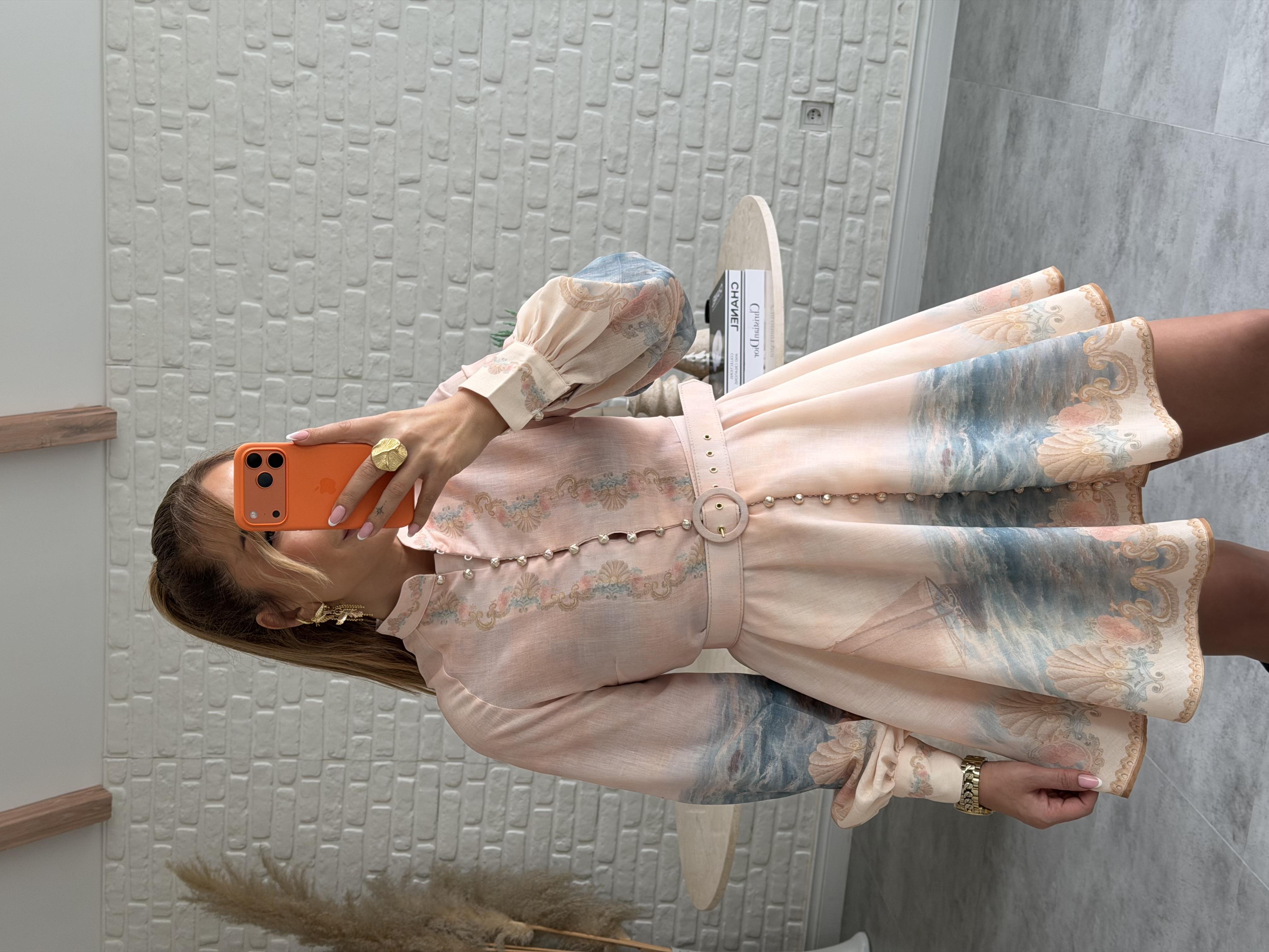 Mavi Desenli Hakim Yaka Elbise