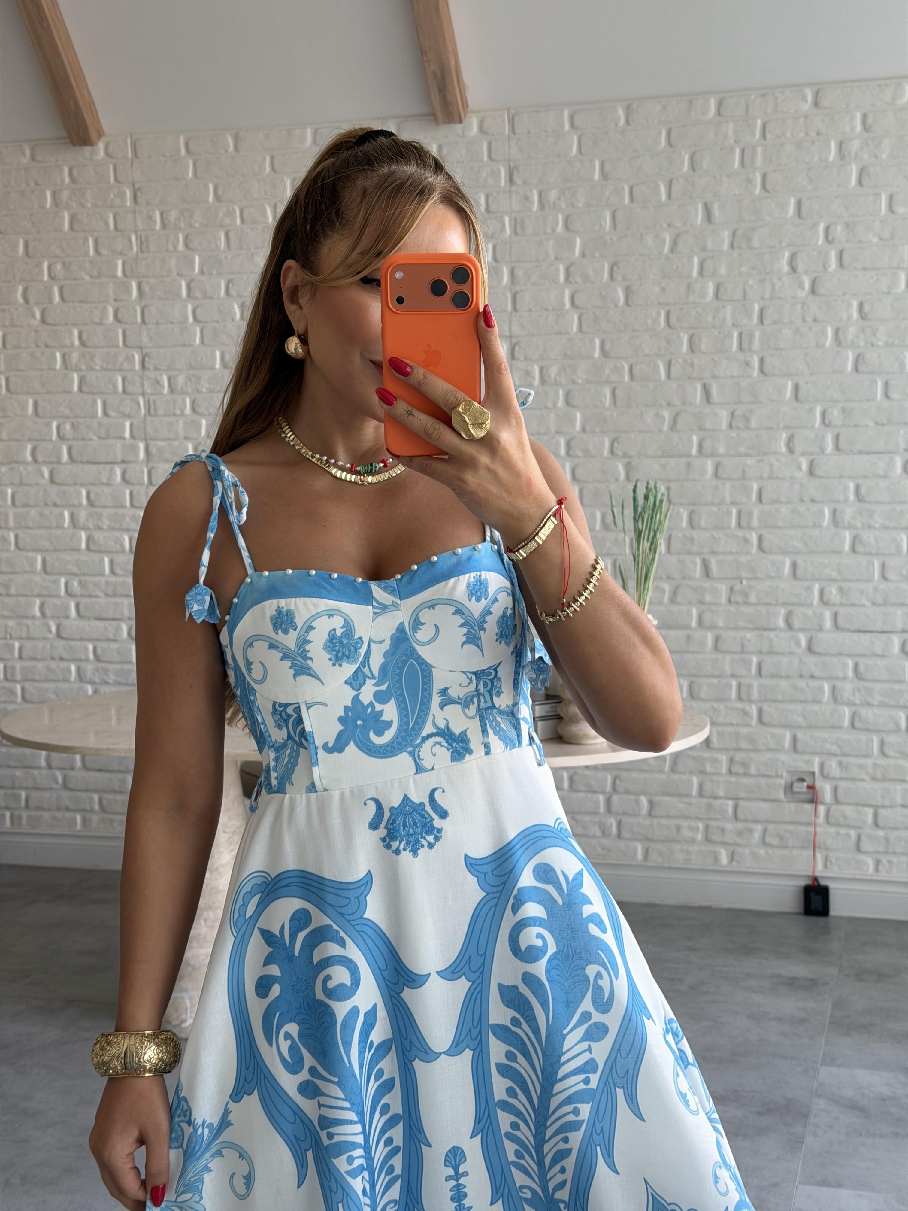 Mavi Desenli İnci Detaylı Elbise