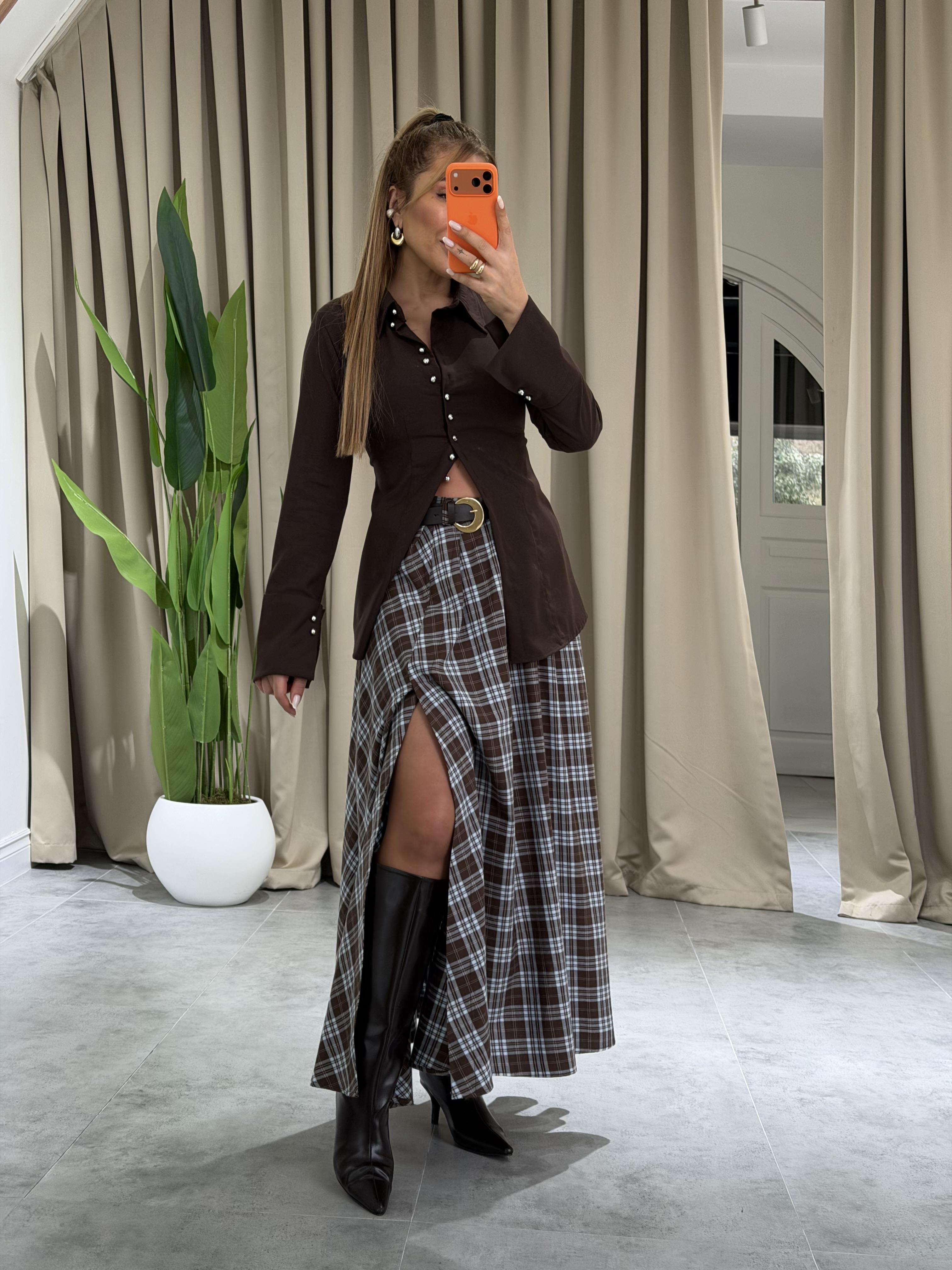 Mavi Kahve Desenli Yırtmaçlı Etek