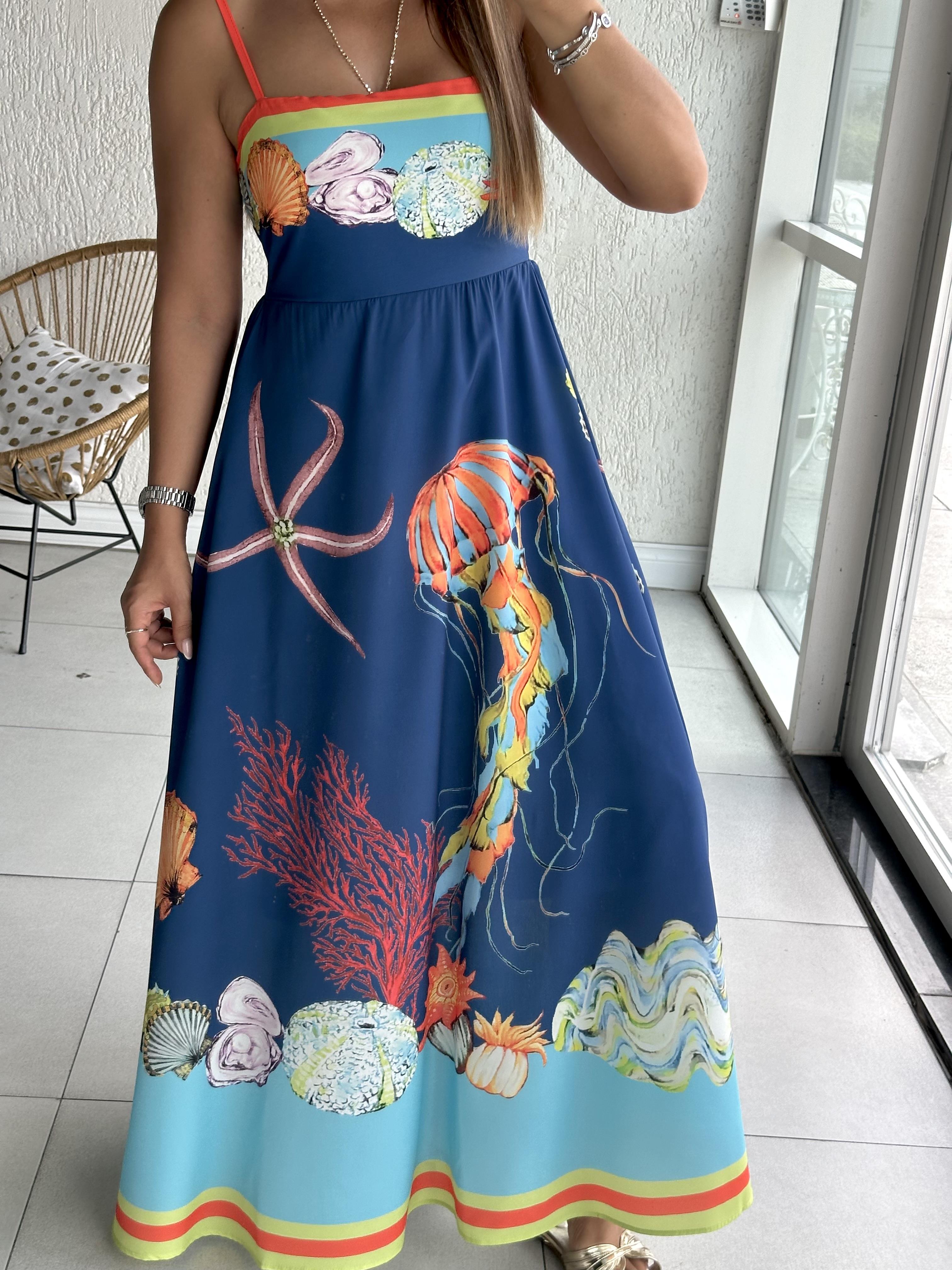 Mavi Okyanus Desenli Maxi Elbise