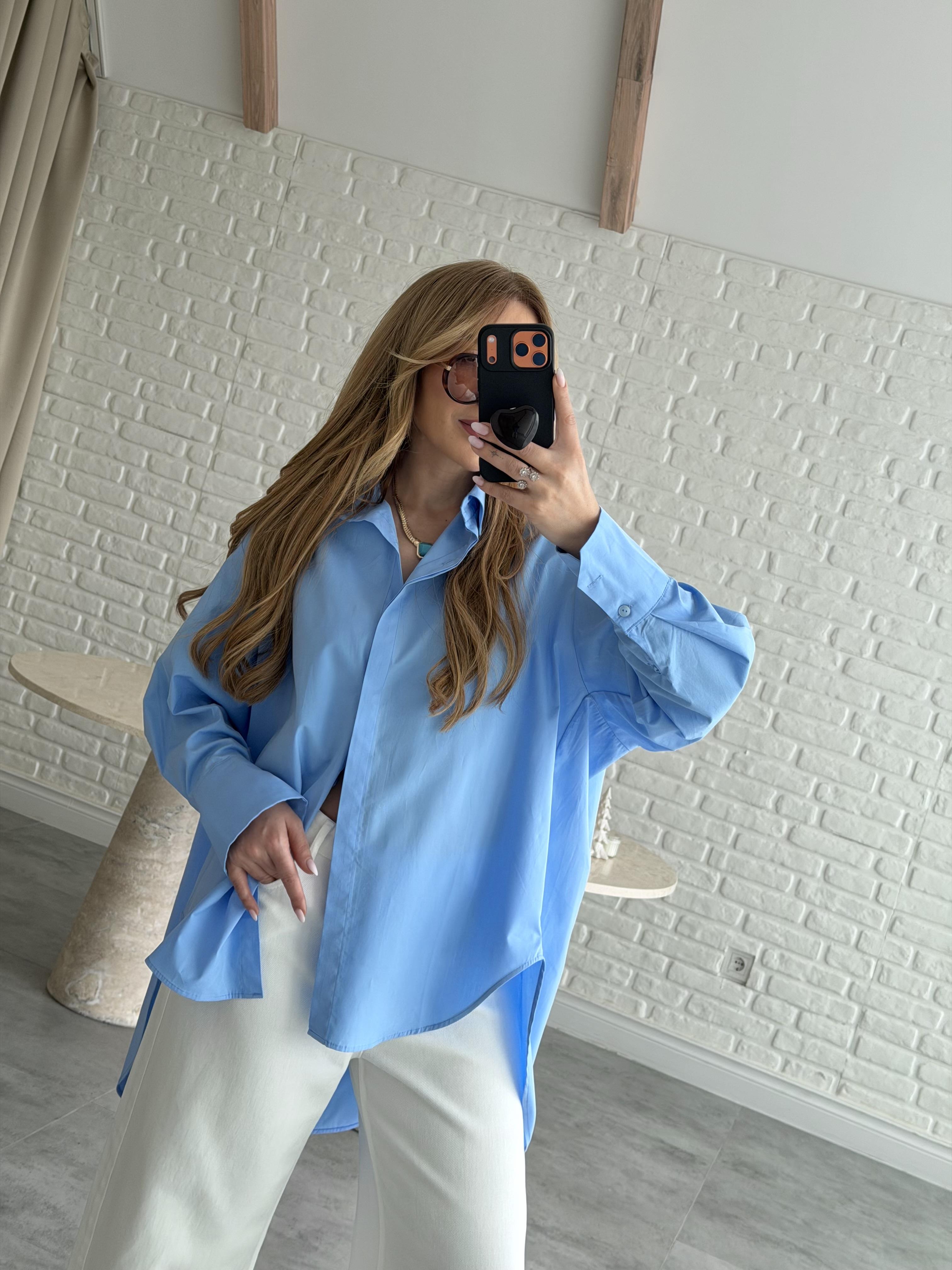 Mavi Oversize Poplin Gömlek