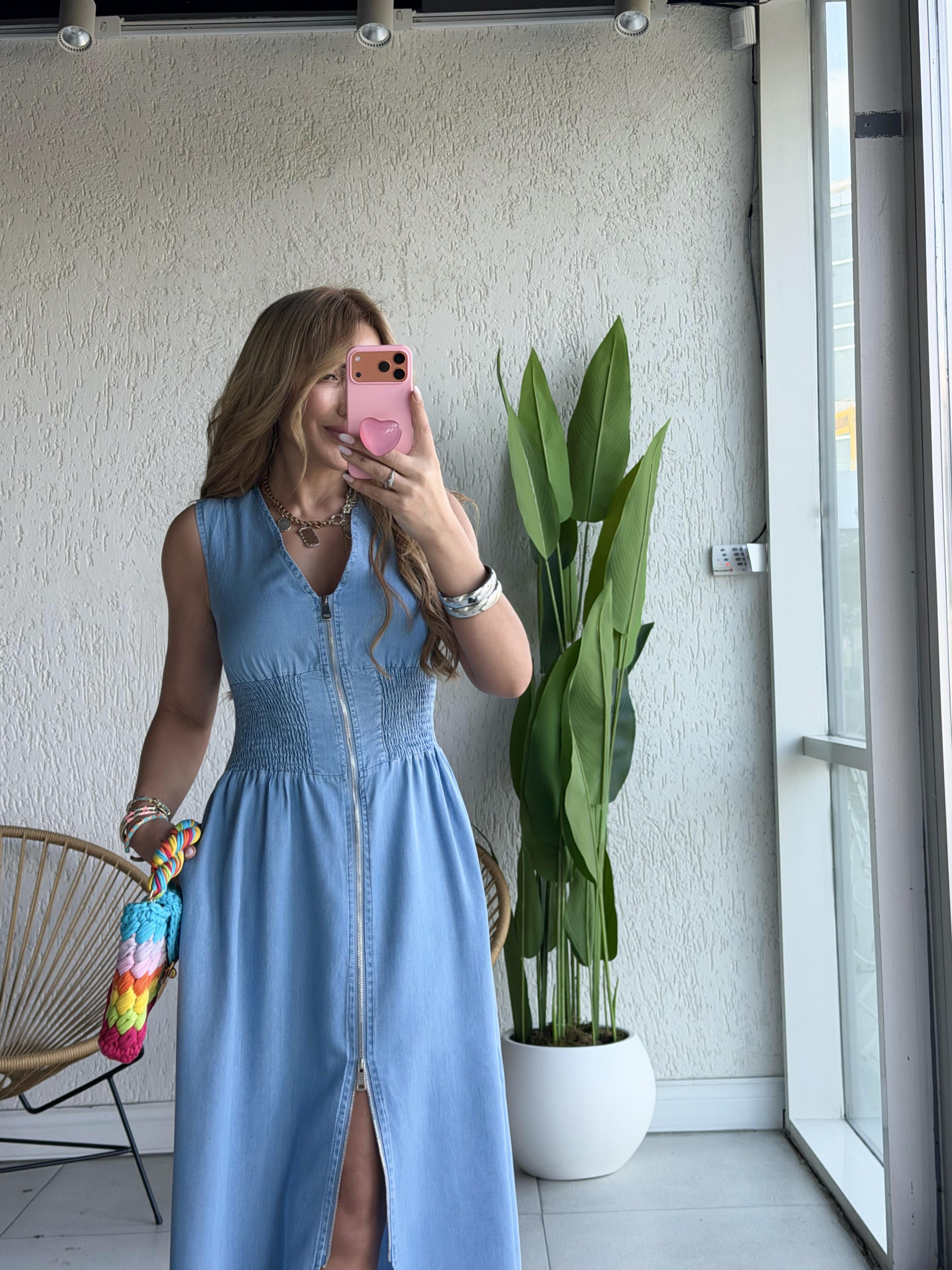 Mavi Tensel Bel Gipeli Elbise