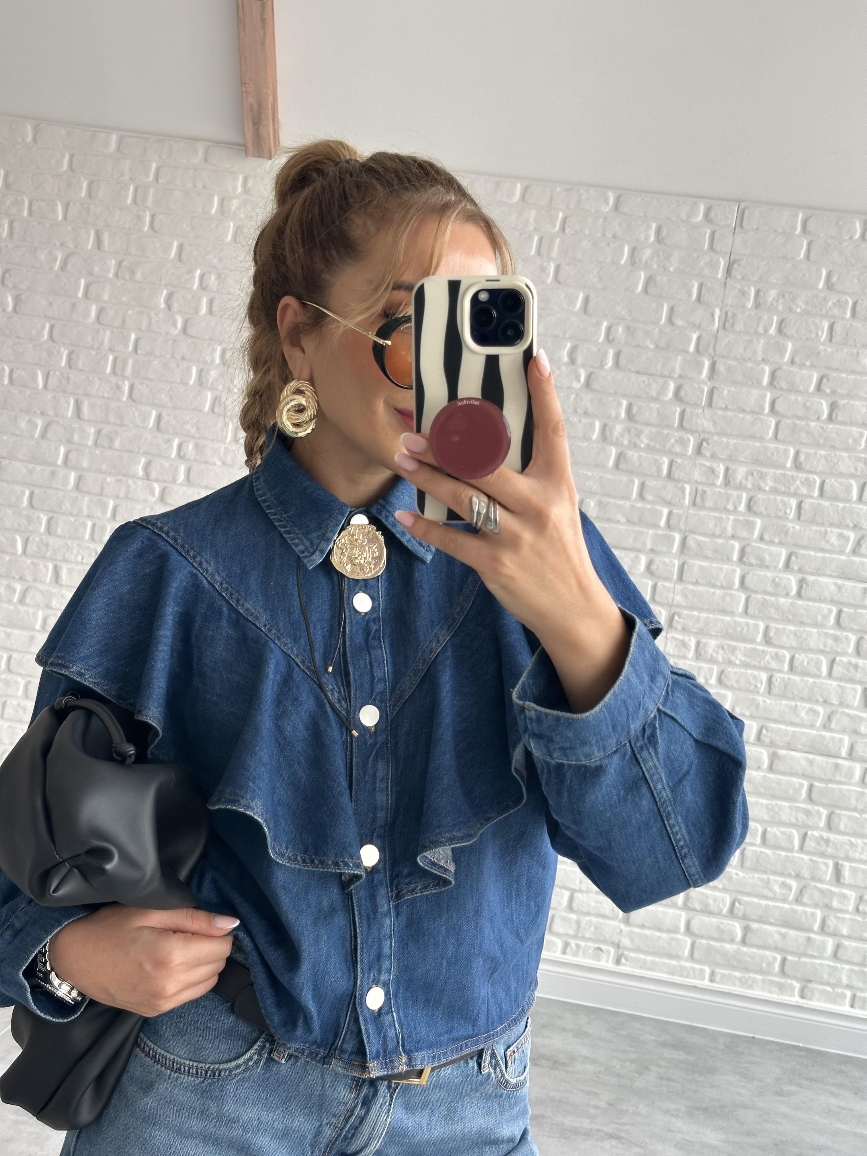 Mavi Yıkamalı Volanlı Denim Gömlek