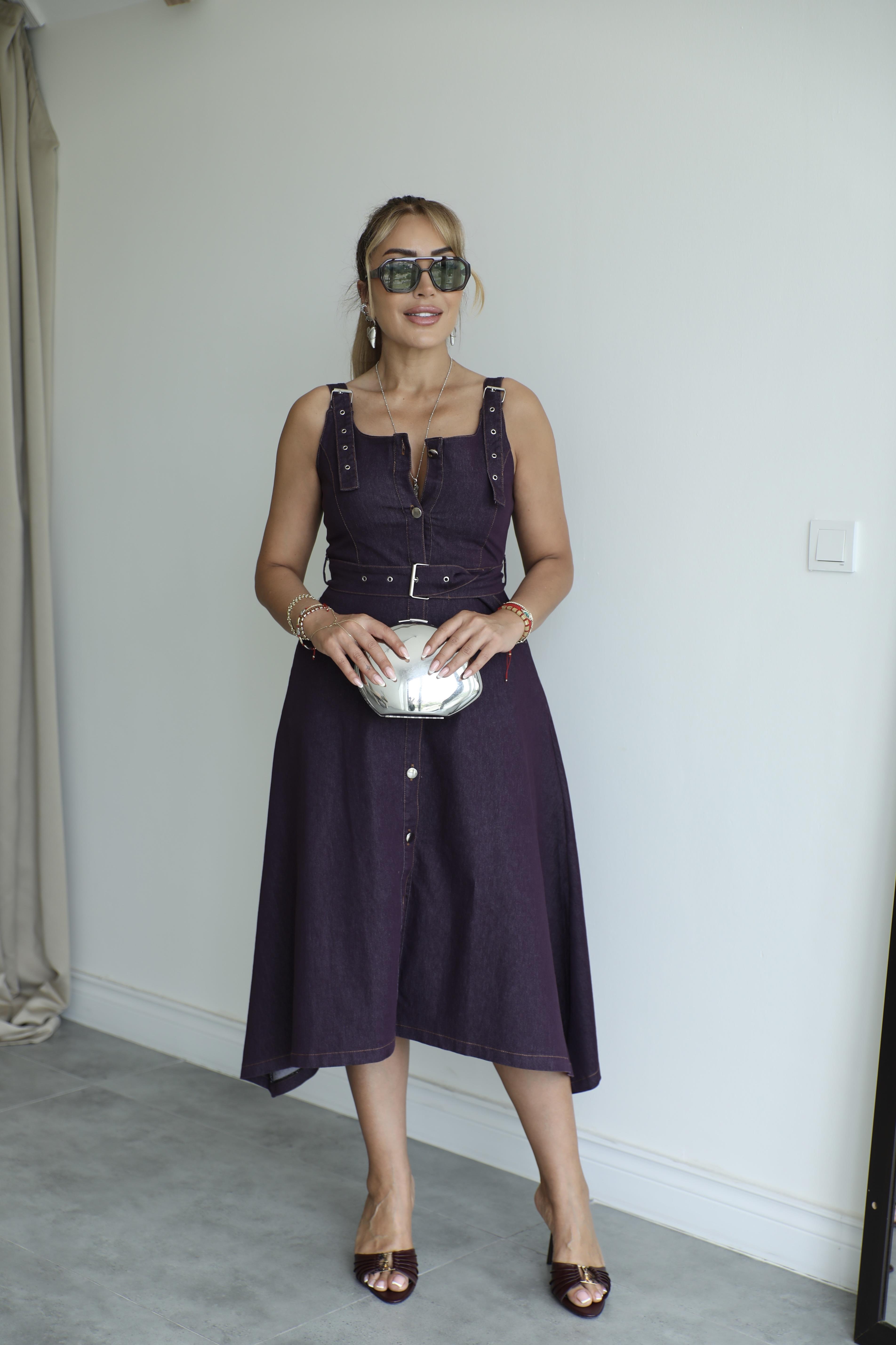 Mor Denim Asimetrik Elbise 