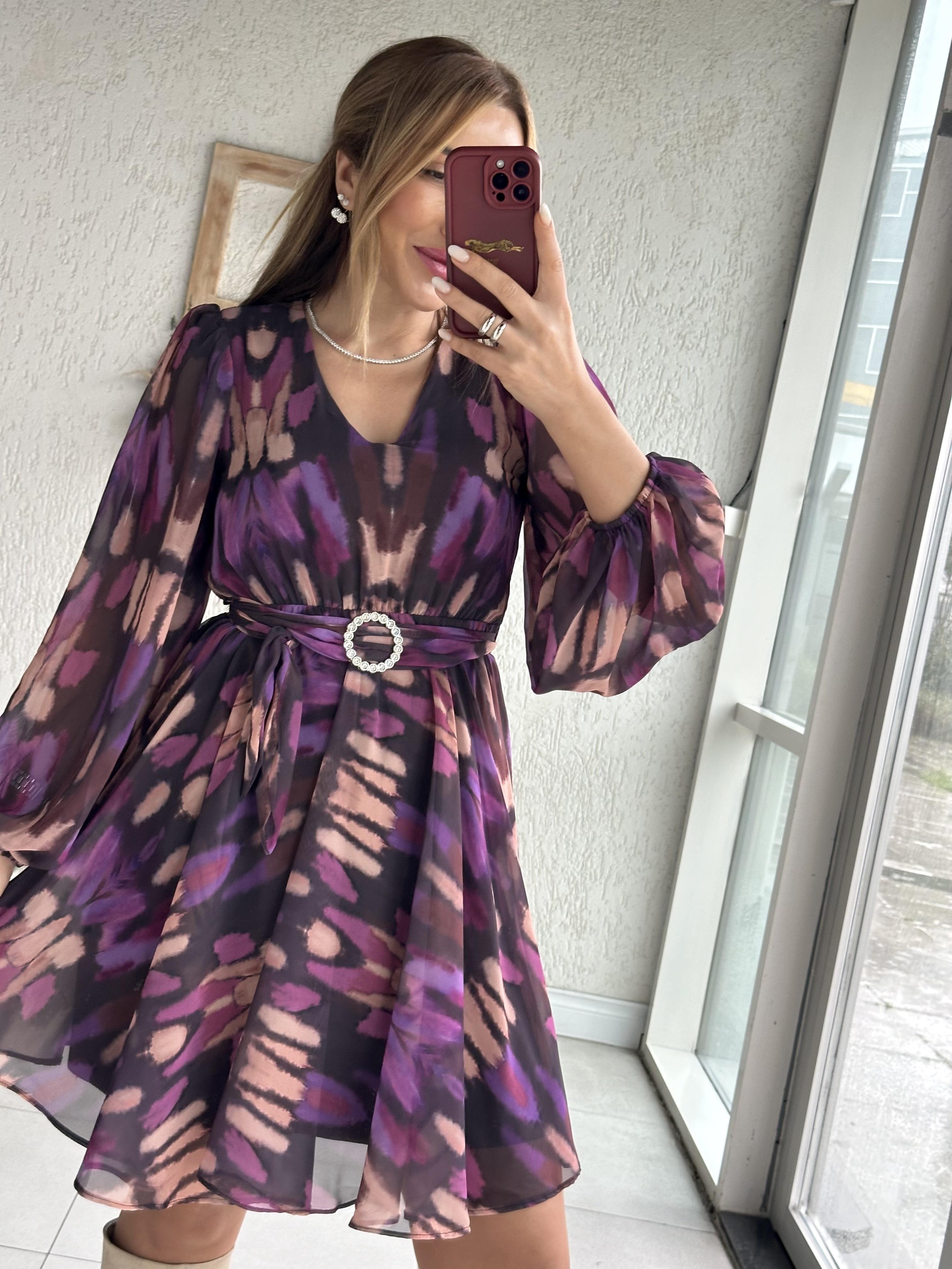 Mor Desenli Kemerli Elbise 