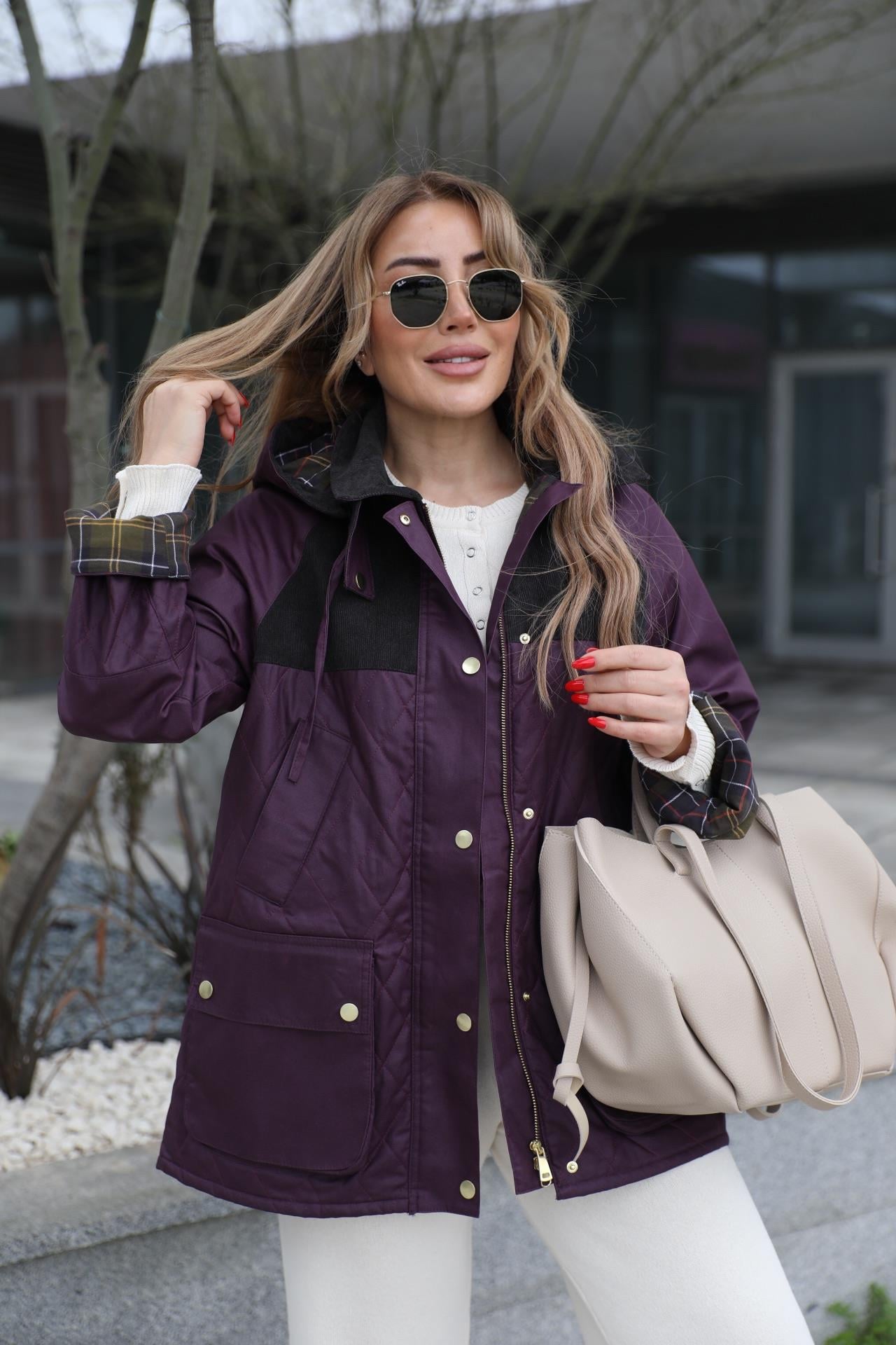 Mor Tasarım Kadife Detaylı Mont