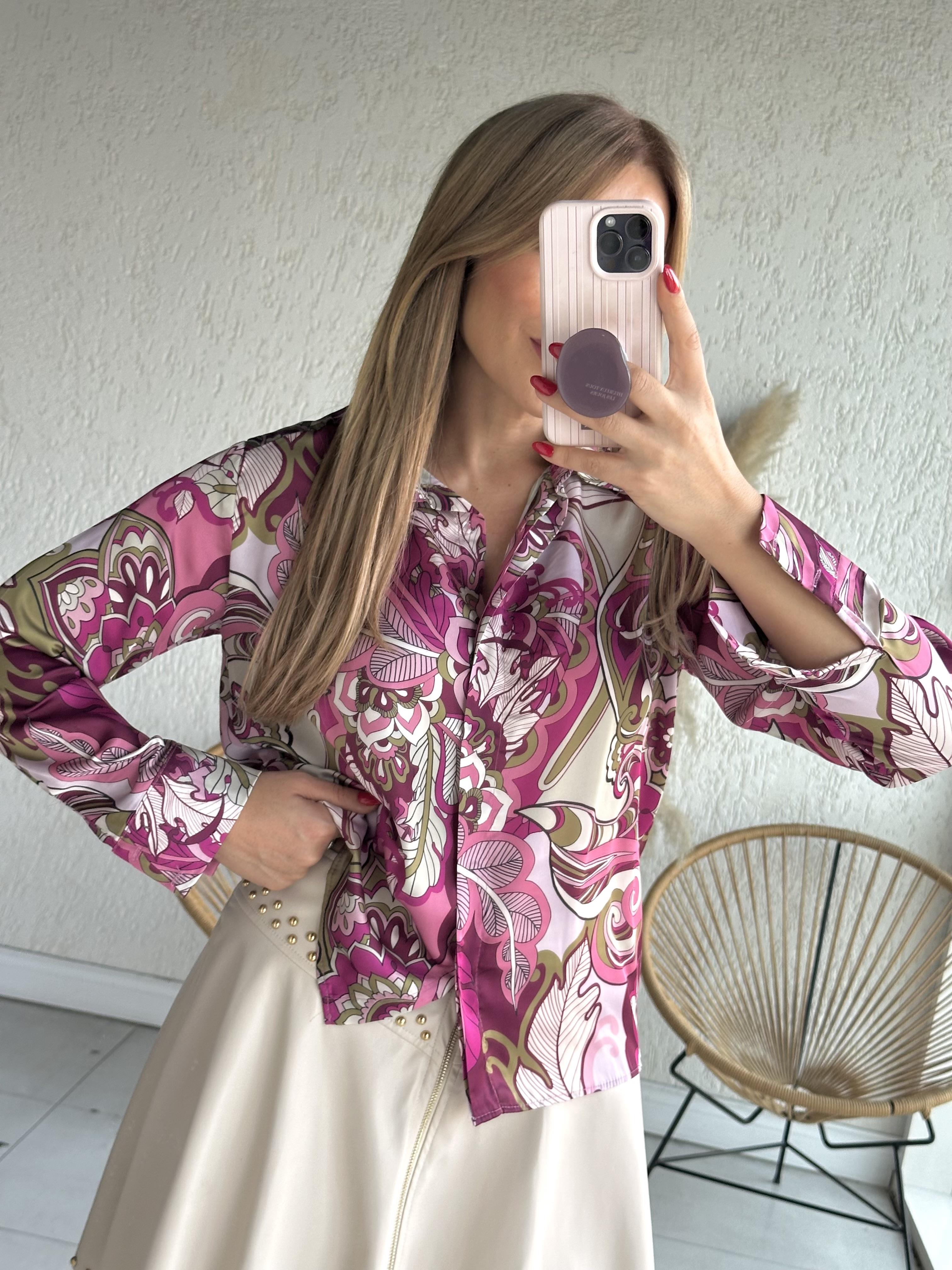 Mürdüm Desenli Saten Gömlek