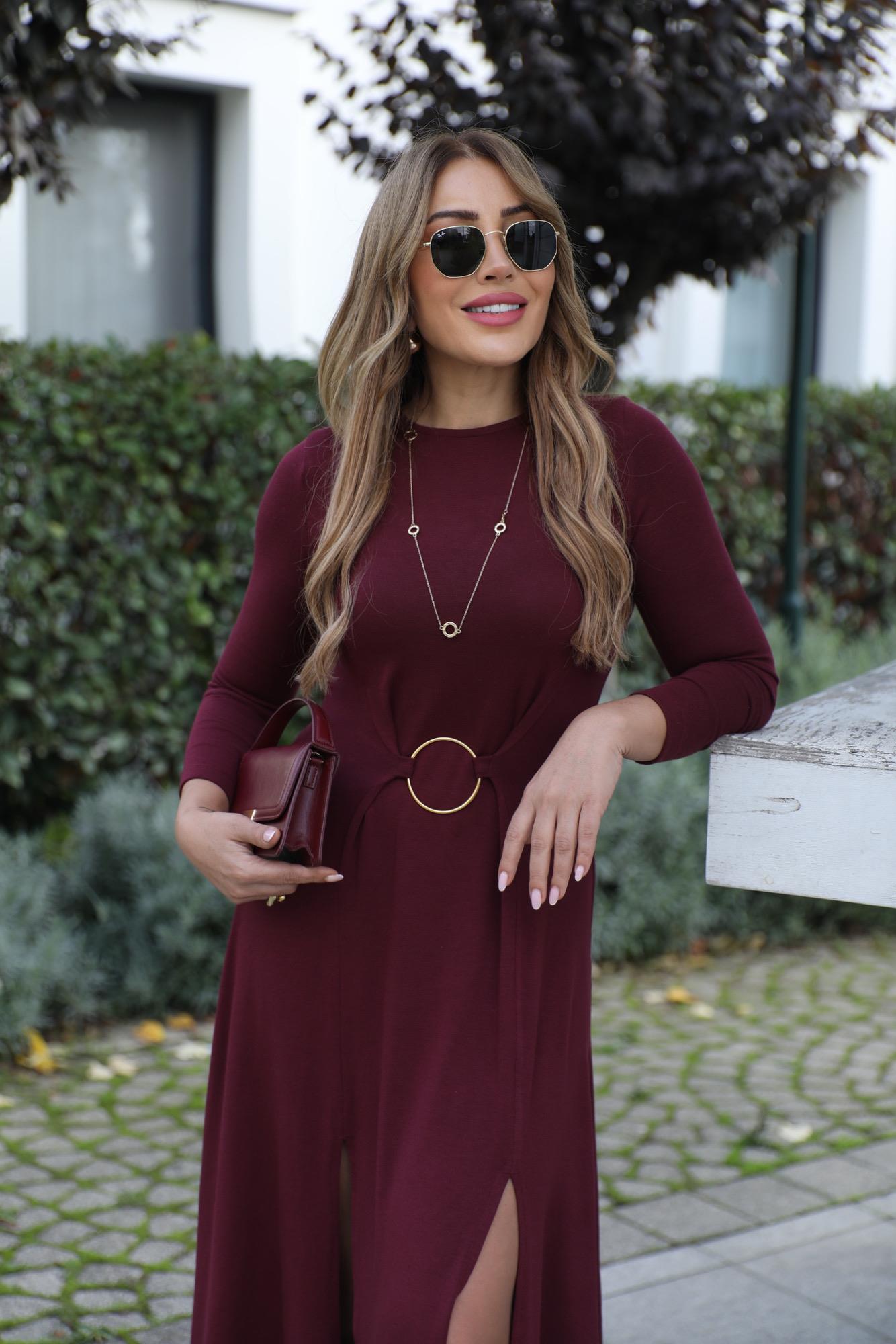 Mürdüm Halka Detay Çift Yırtmaçlı Elbise 