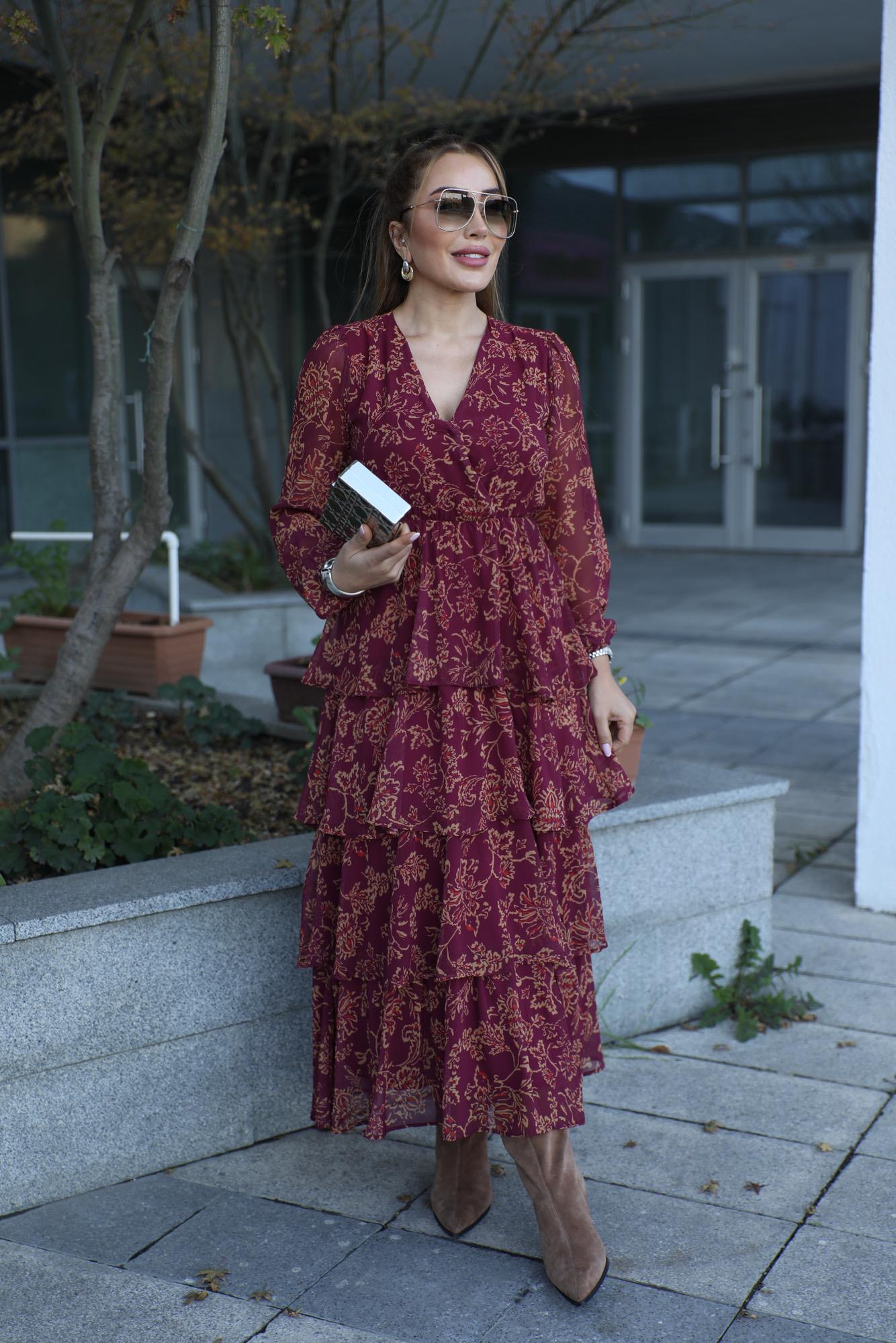 Mürdüm Katlı Desenli Elbise 