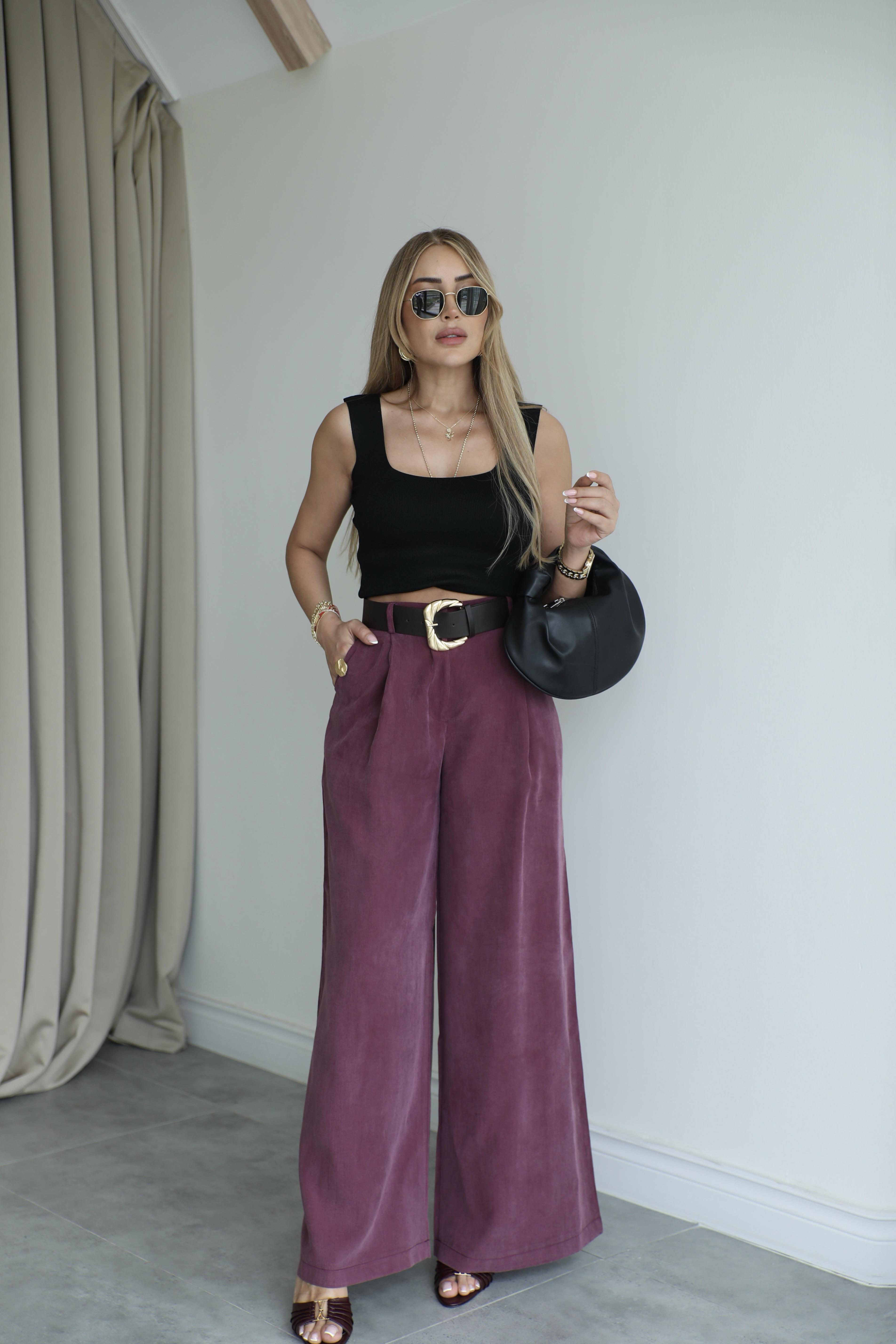 Mürdüm Kemerli Tensel Pantolon