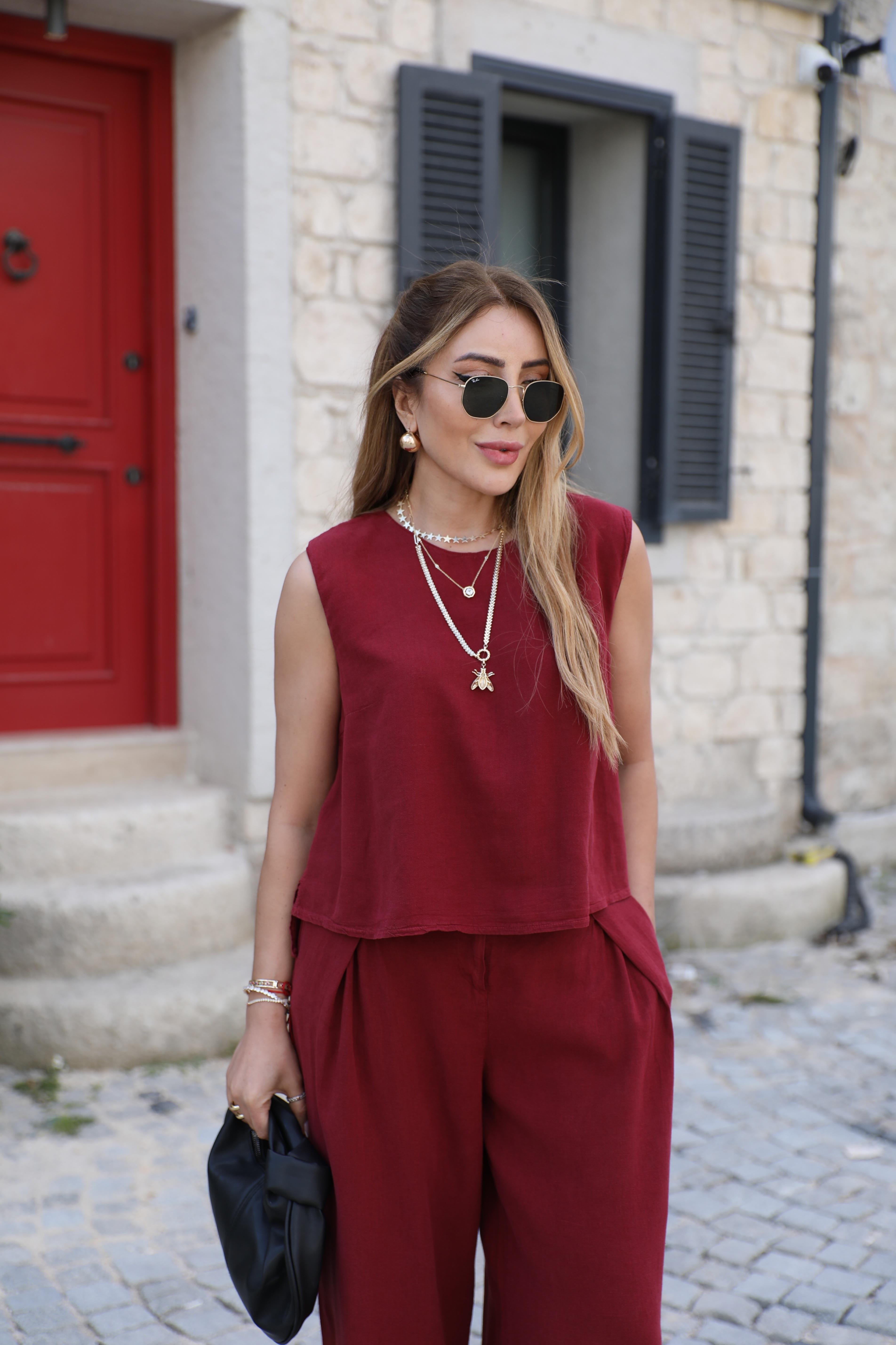 Mürdüm Keten Bluz Pantolon Takım 