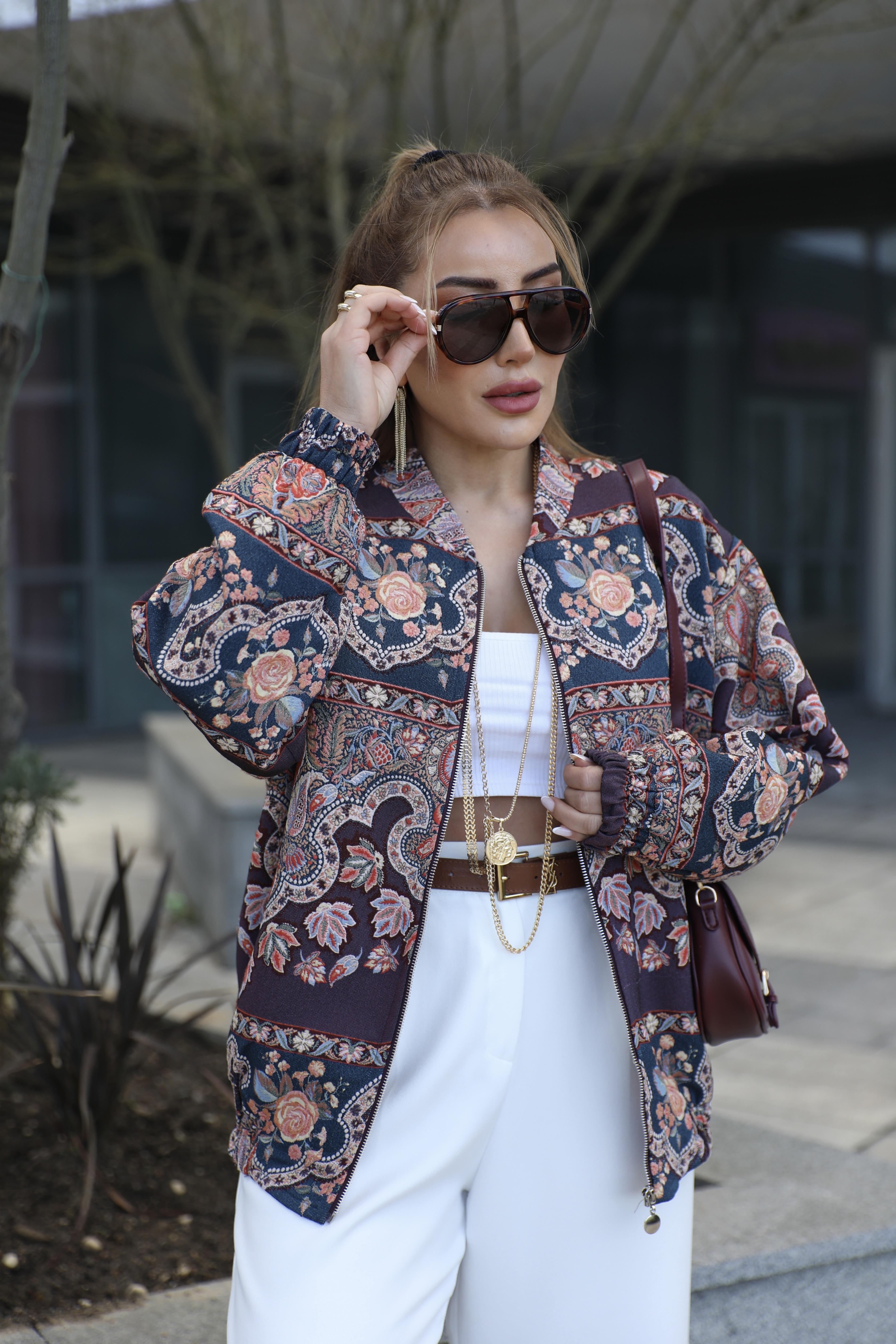 Mürdüm Lacivert Etnik Desenli Bomber Ceket