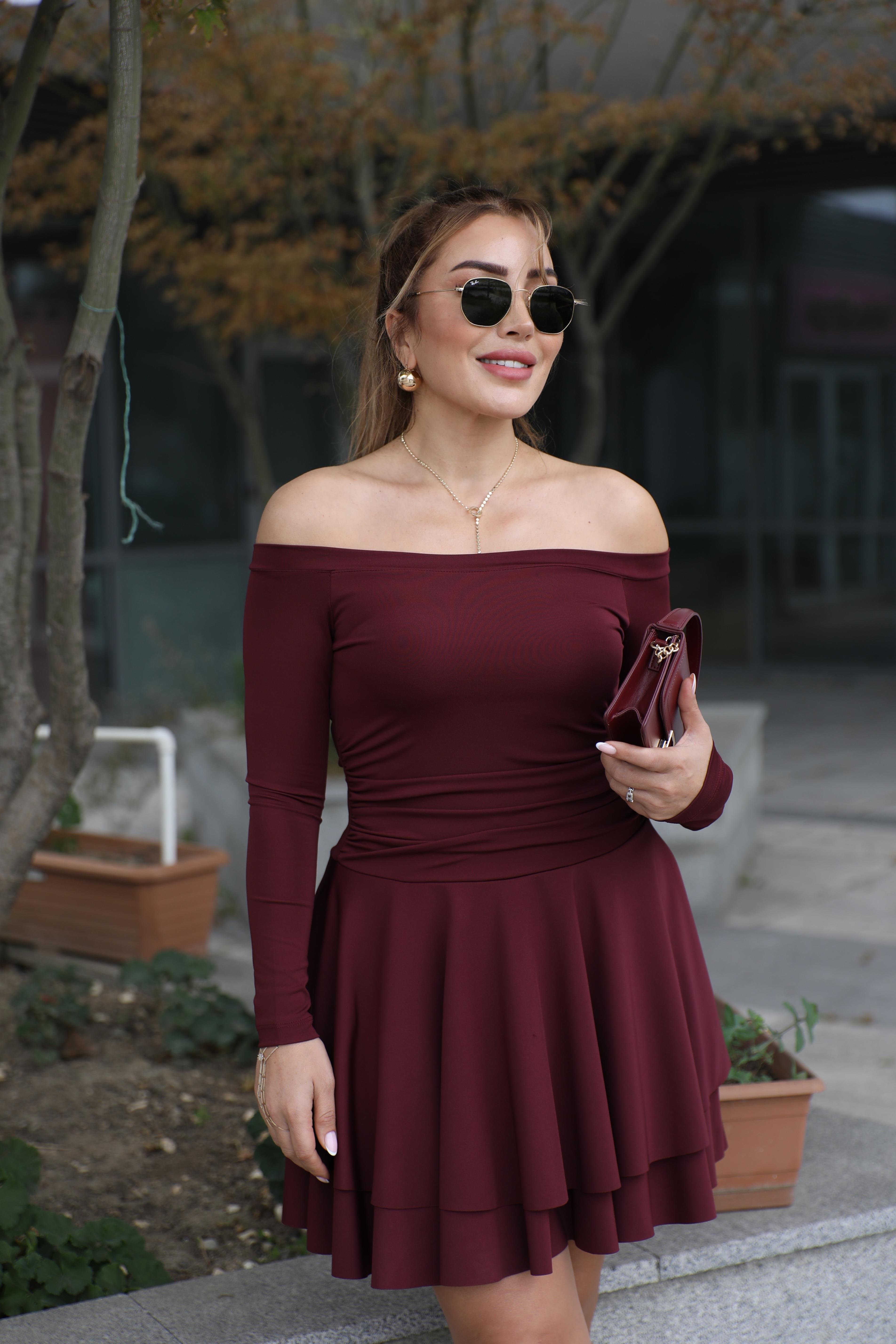 Mürdüm Madonna Katlı Elbise 