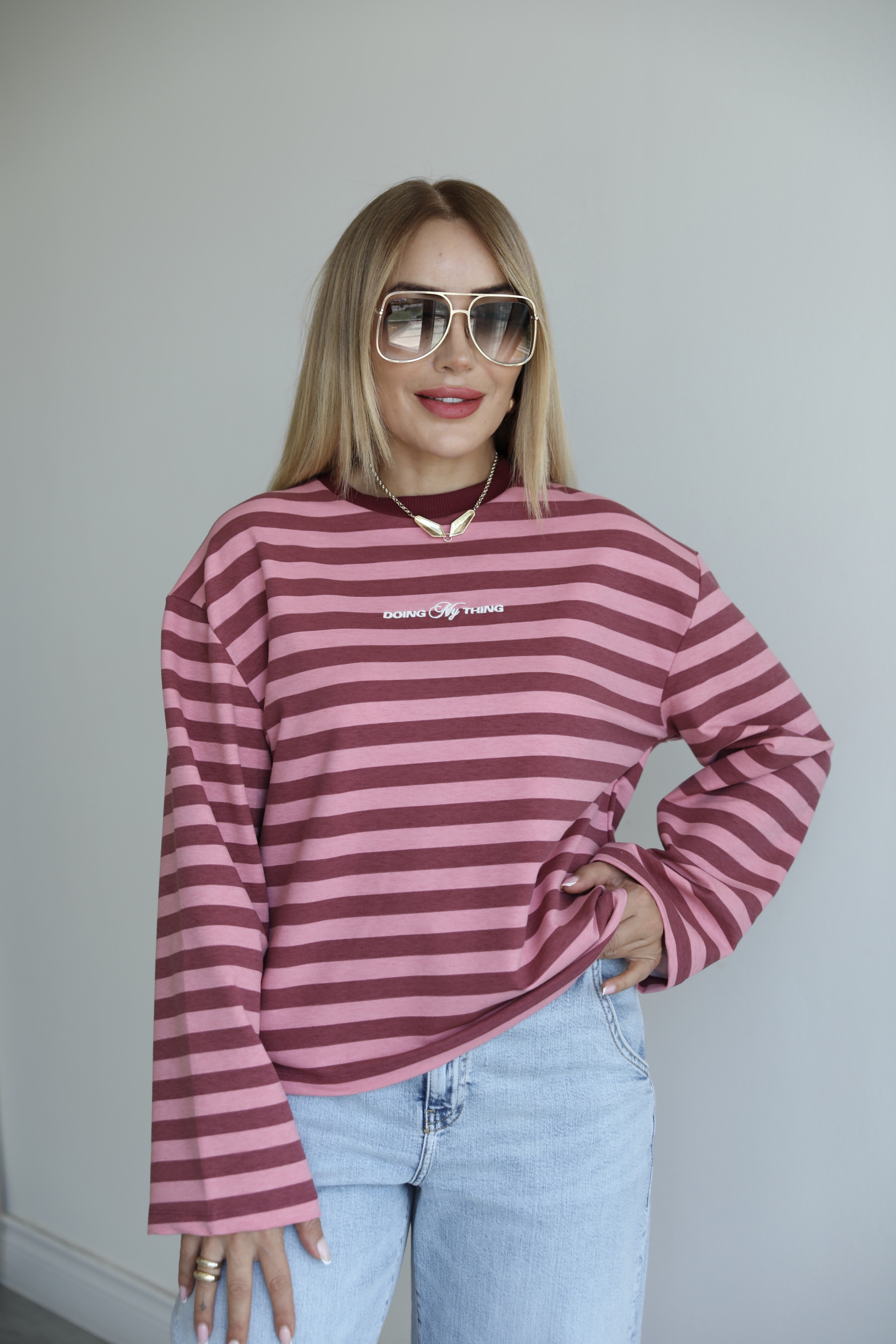 Mürdüm Pembe Çizgili Sweat