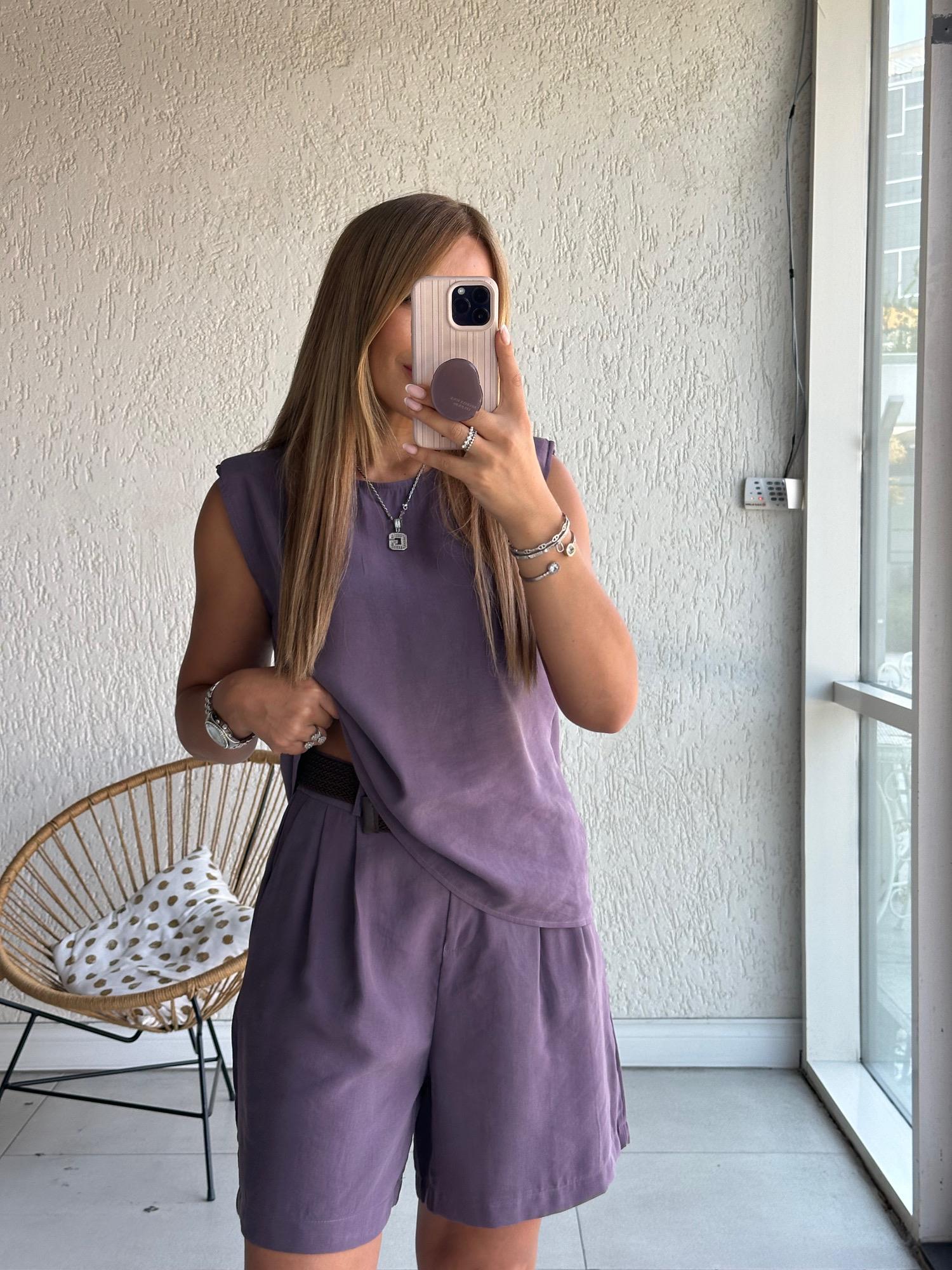 Mürdüm Vatkalı Kemerli Şort Bluz Takım