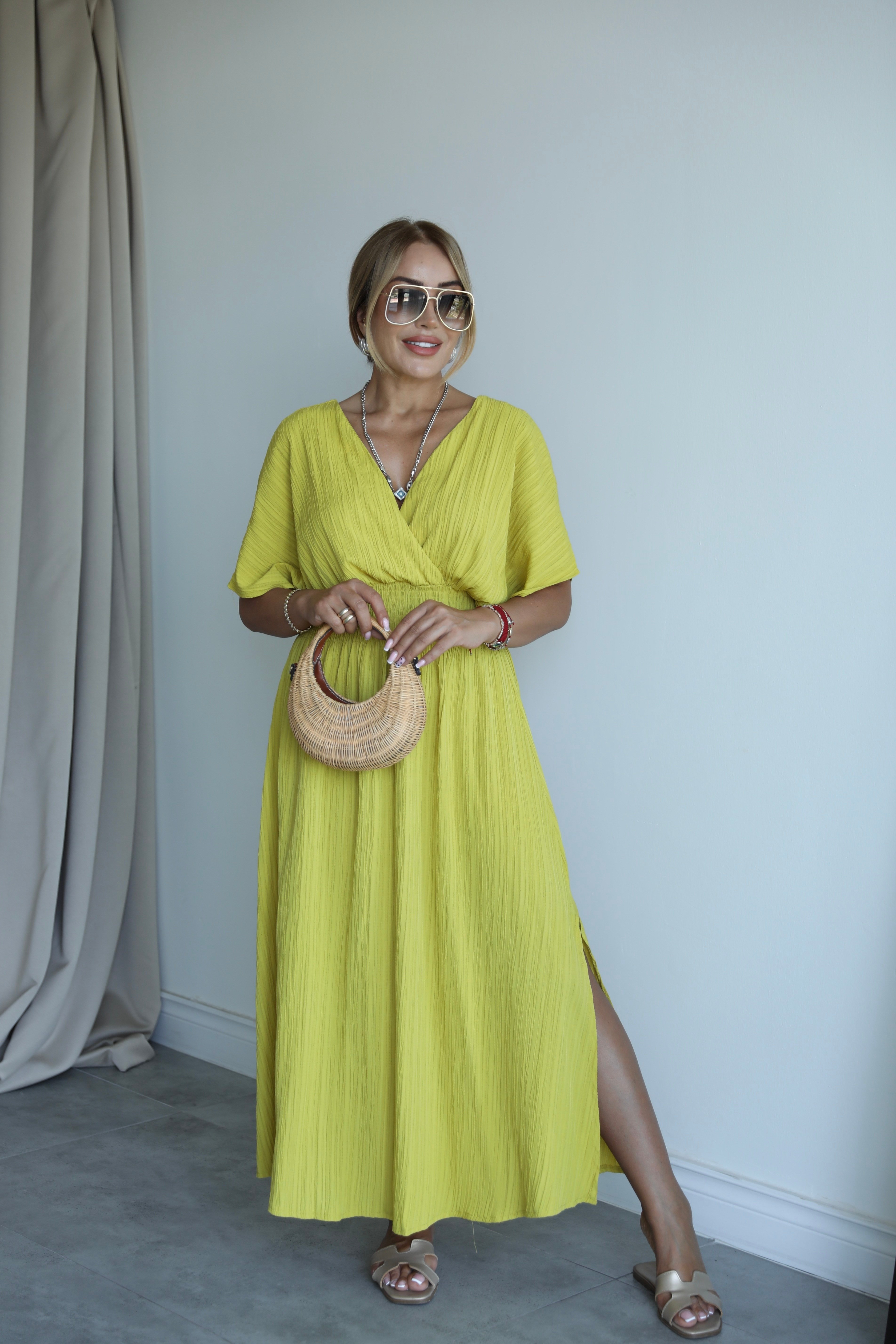 Olive Kruvaze Yırtmaçlı Elbise