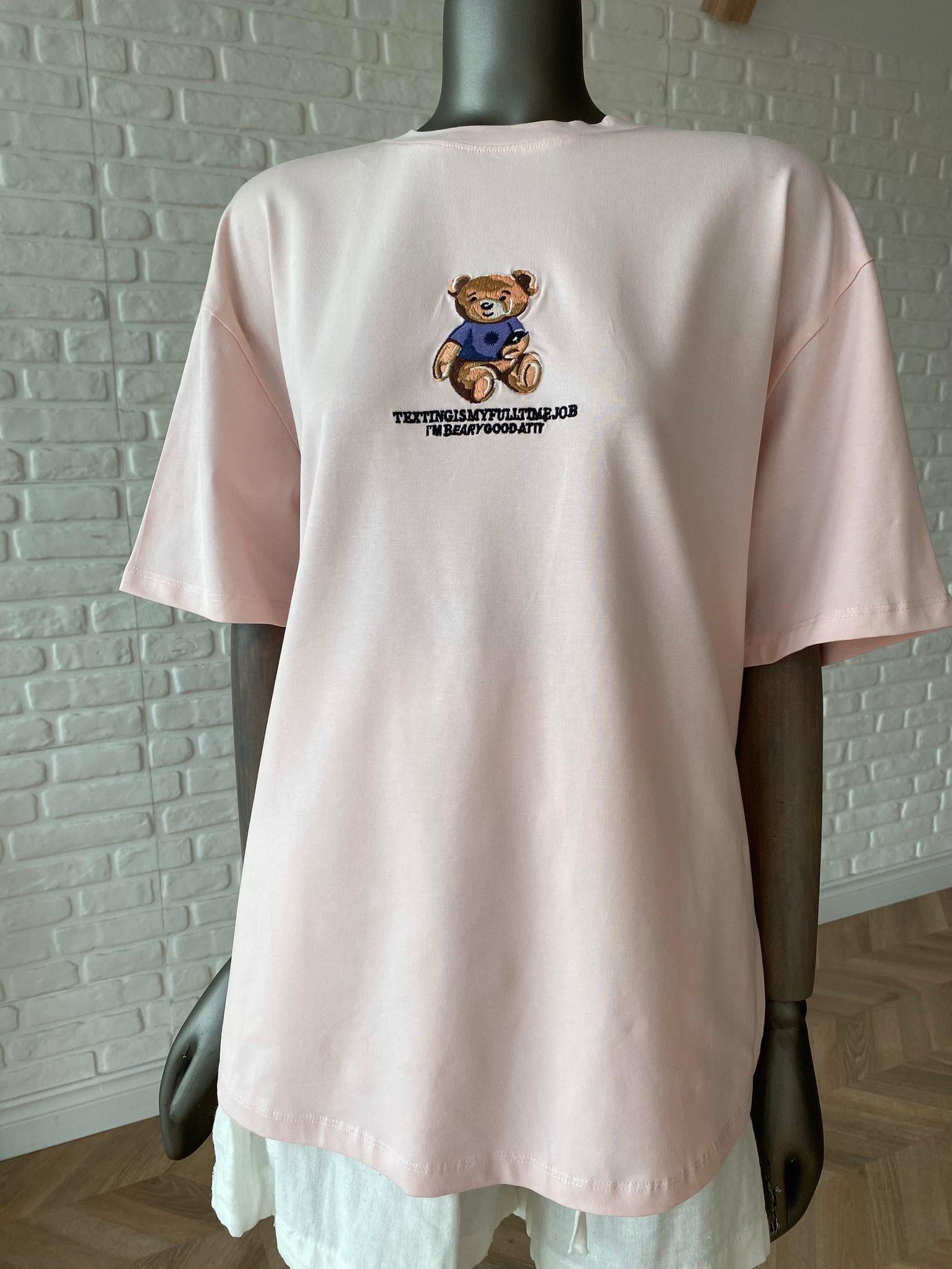Pembe Ayıcık Nakışlı T-shirt