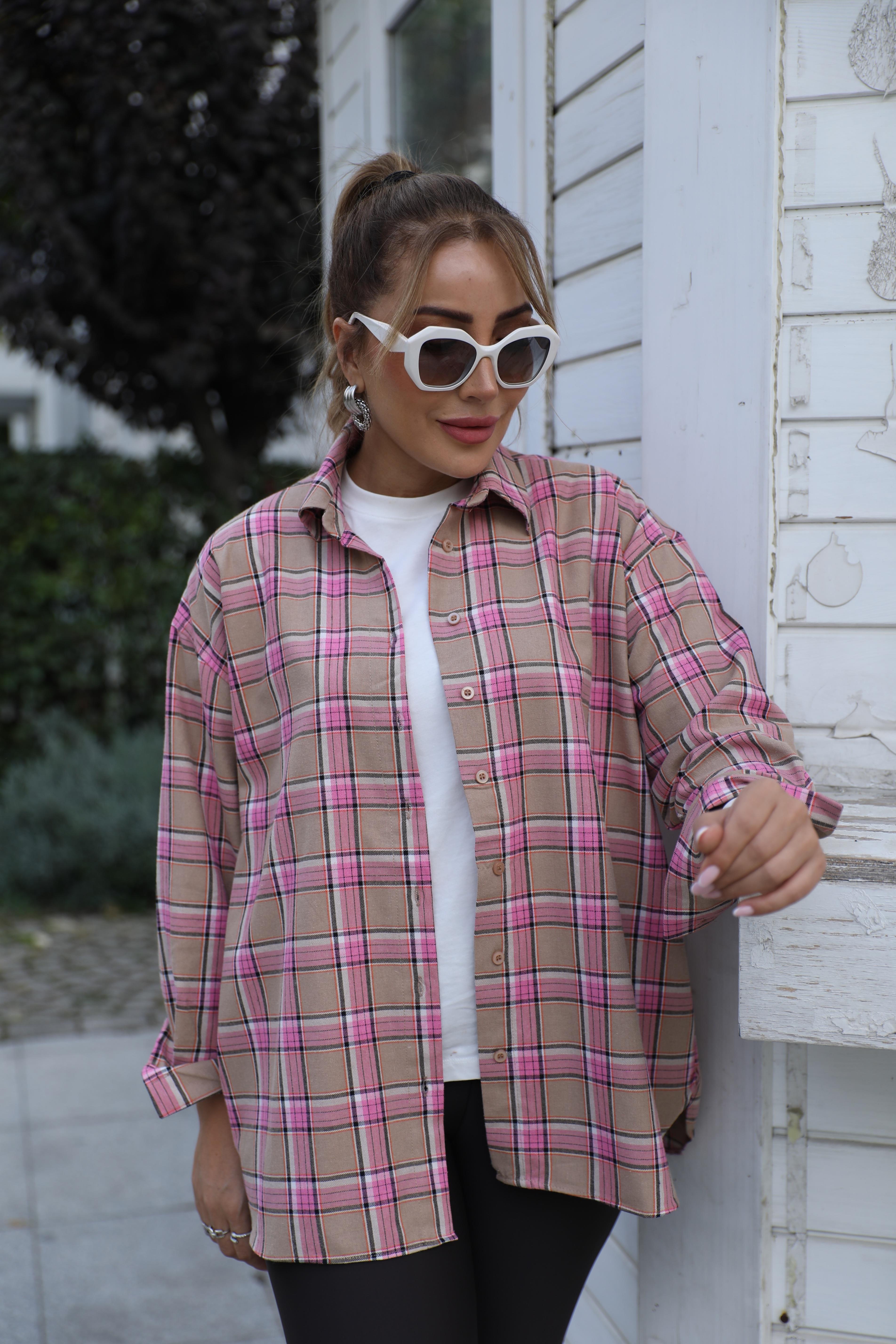 Pembe Bej Ekoseli Gömlek