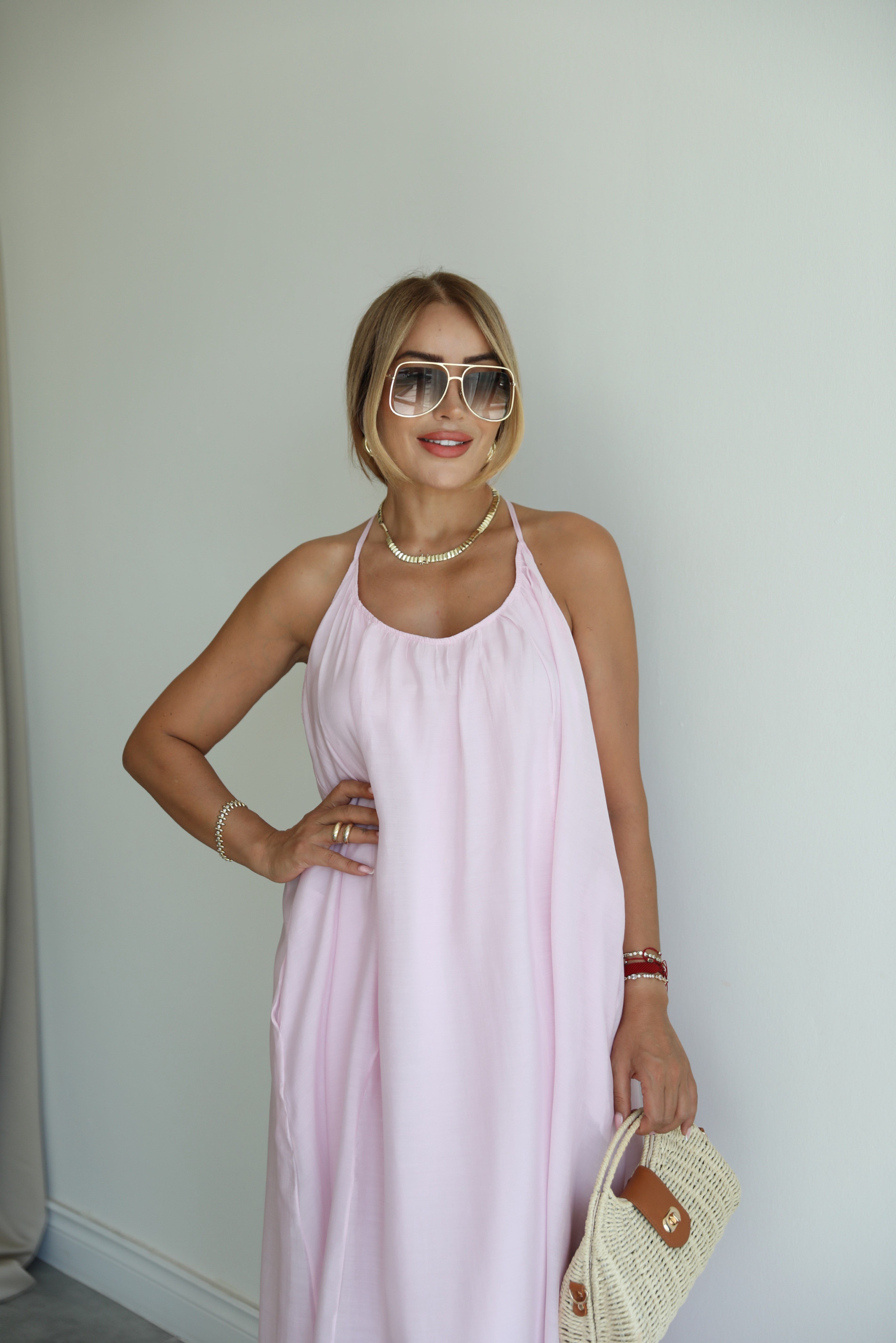 Pembe Çapraz Askılı Maxi Elbise 