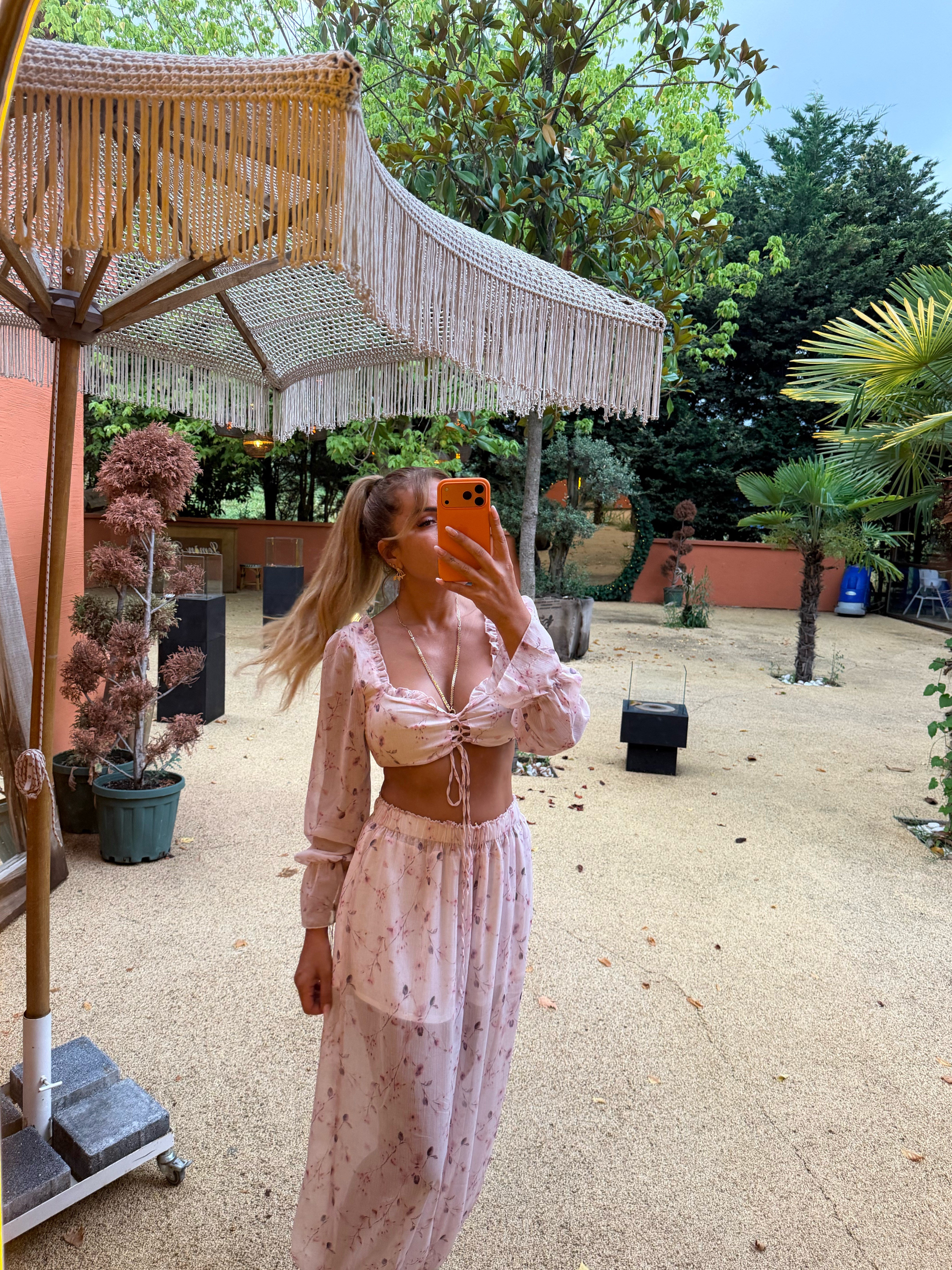 Pembe Çiçekli Şalvar Crop Takım 