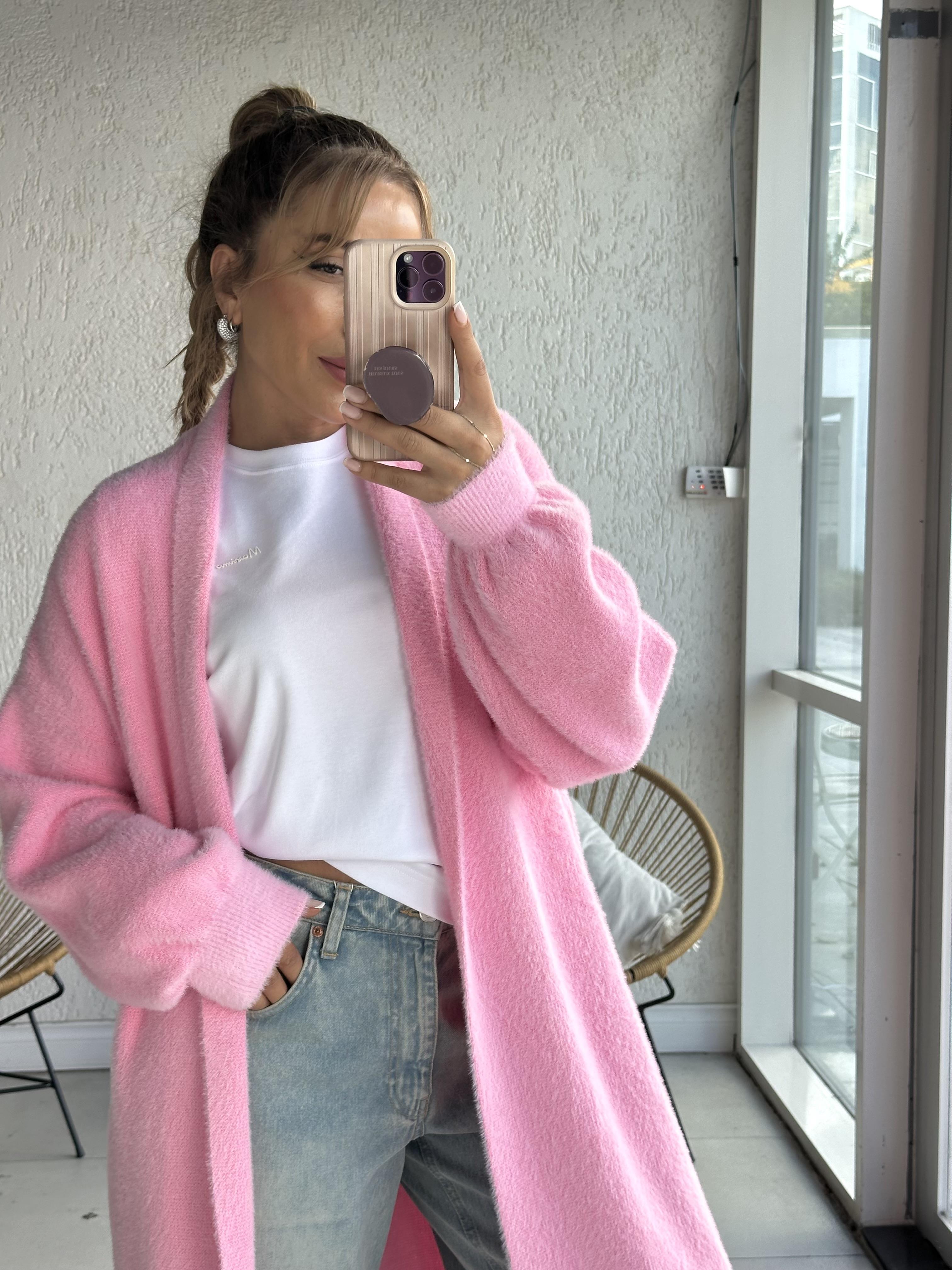 Pembe Dokulu Uzun Hırka