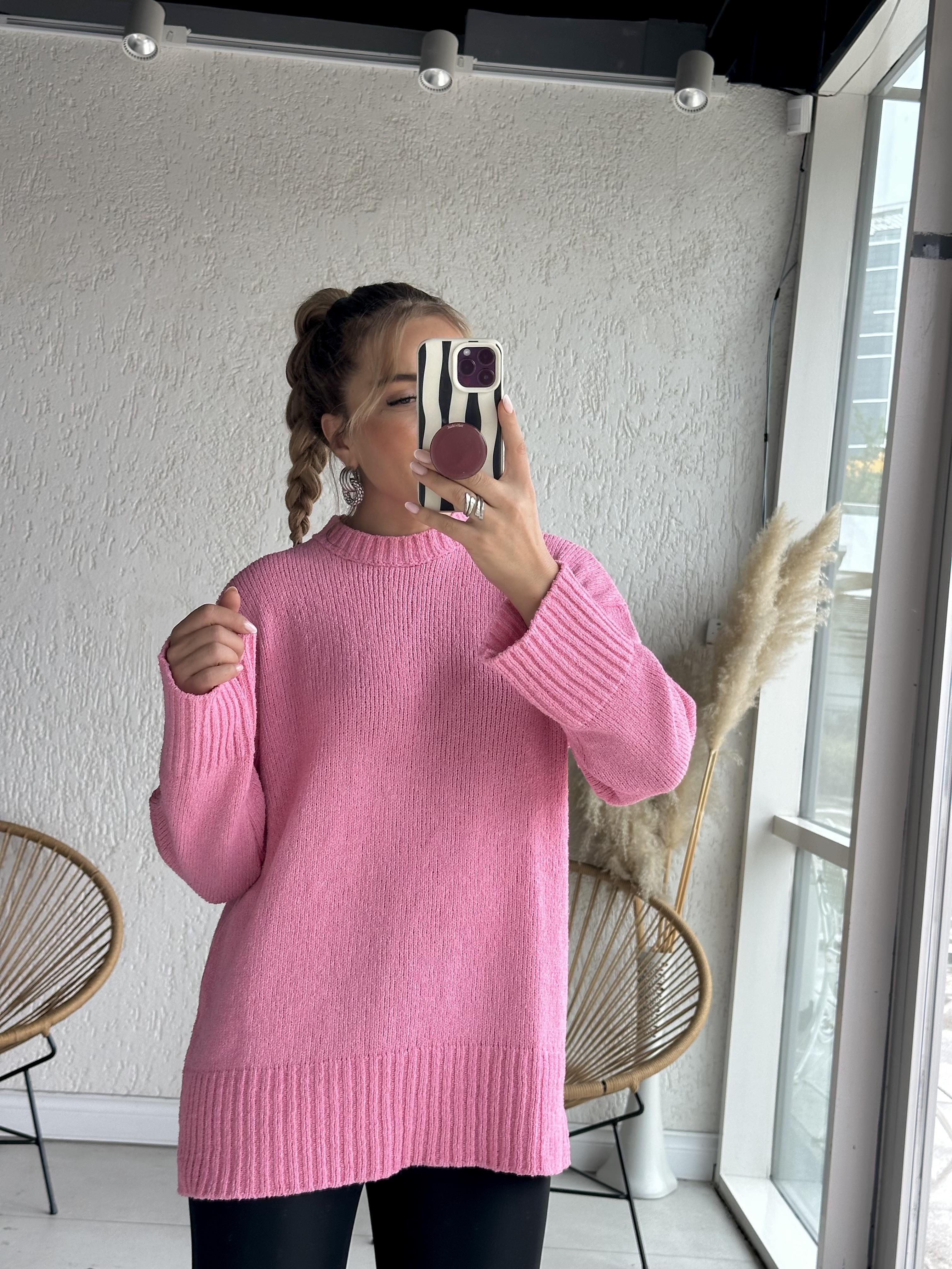 Pembe Dokulu Yumoş Oversize Kazak