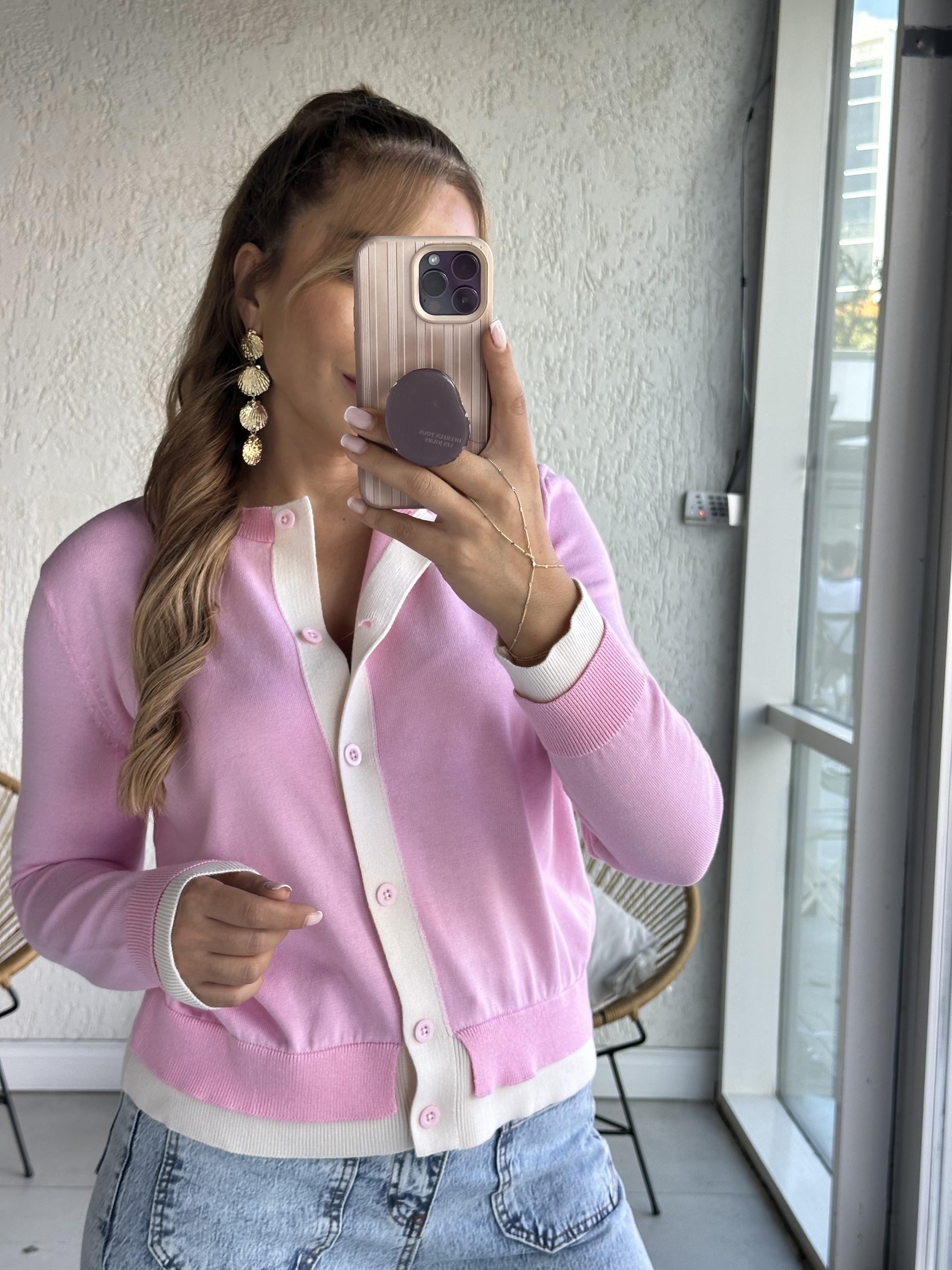 Pembe Ekru Düğmeli Triko Hırka