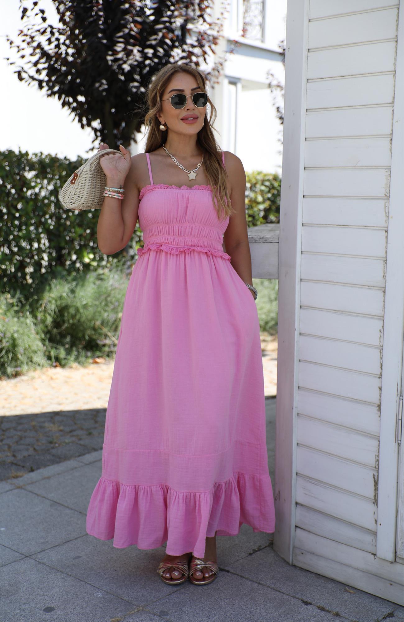 Pembe Fisto Detaylı Muslin Elbise