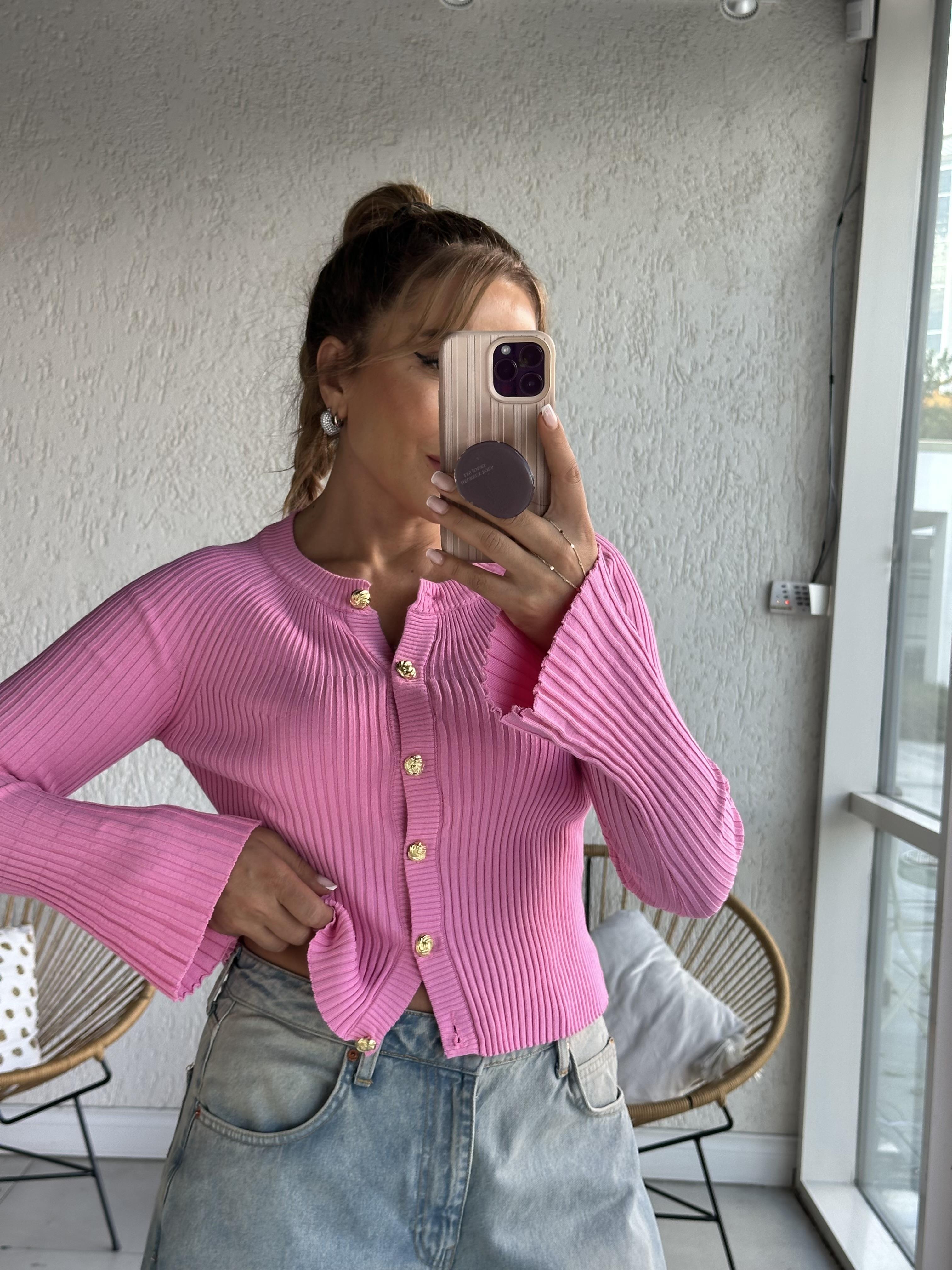 Pembe Gold Düğmeli Dokulu Triko Hırka