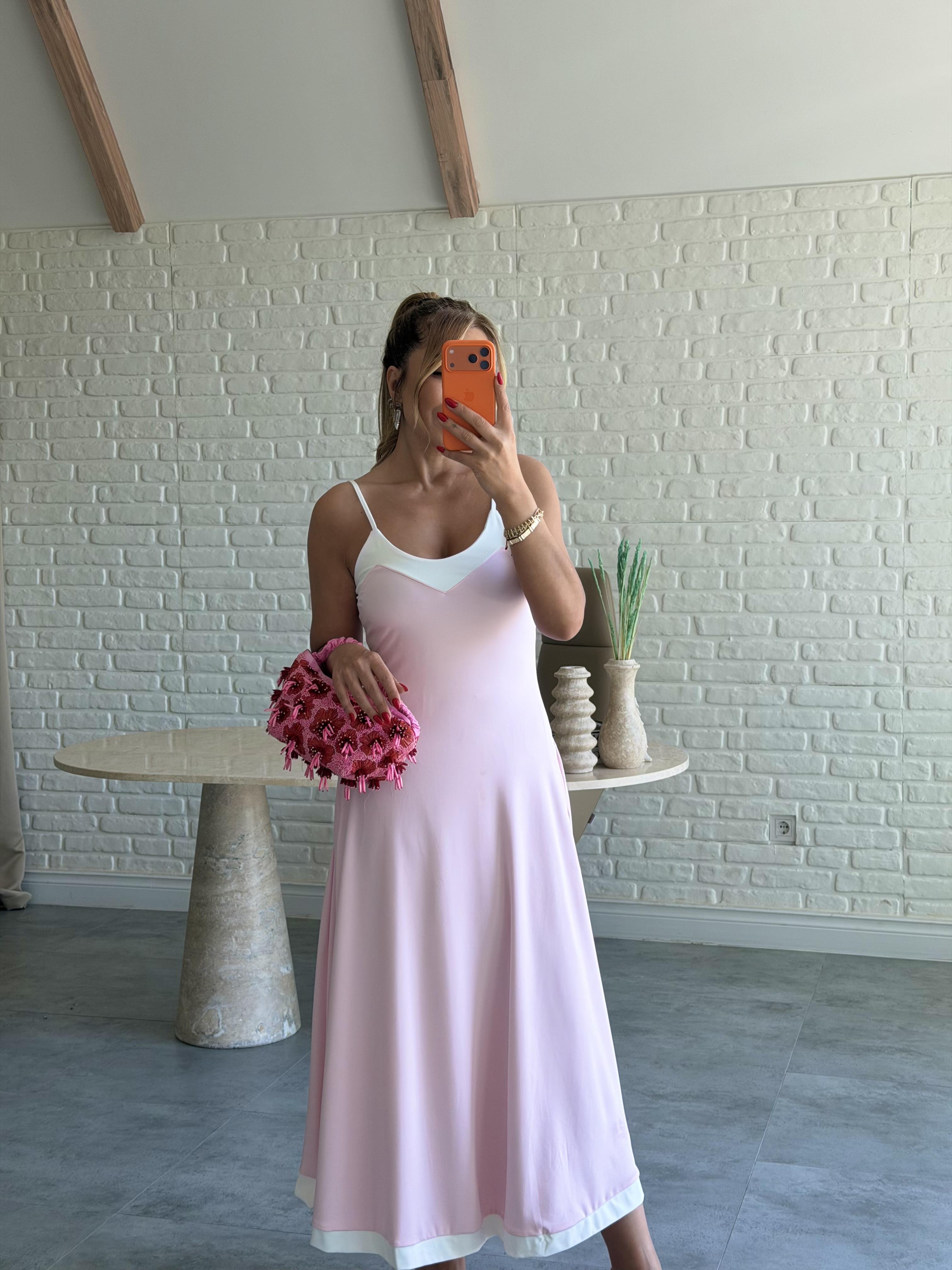 Pembe İnce Askılı Biyeli Çan Elbise