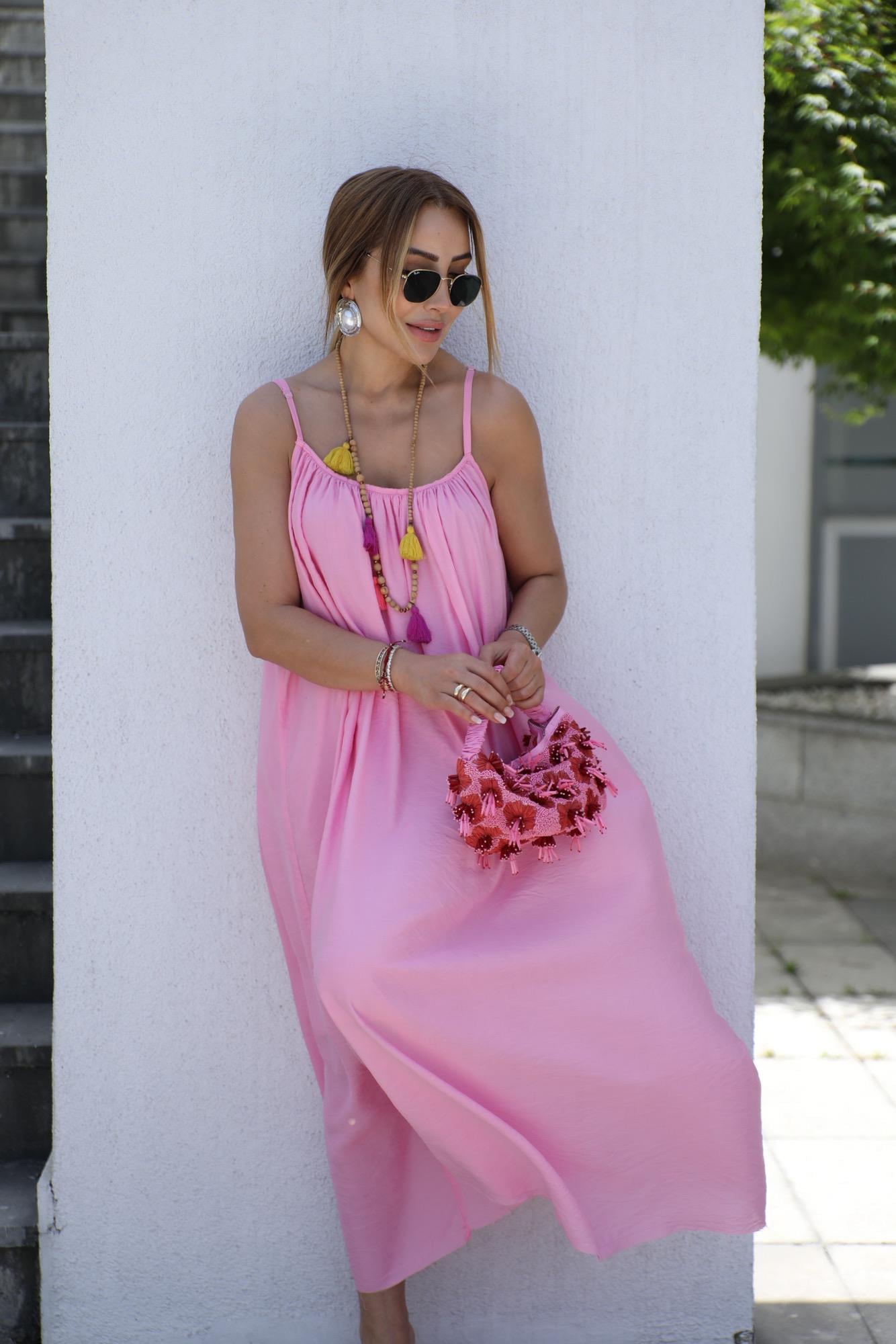 Pembe İnce Askılı Pileli Elbise